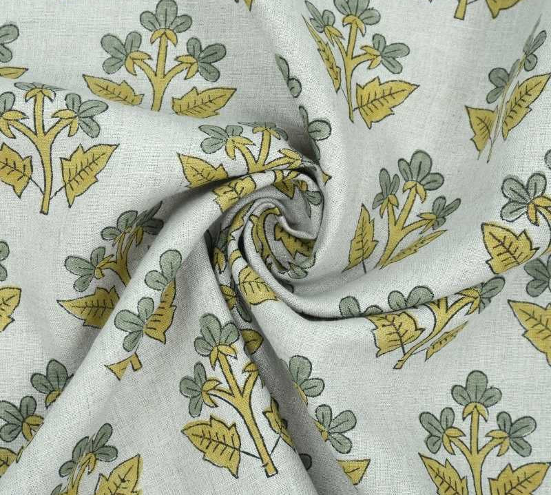 Indian Handmade Gray Yellow Floral Linen Cushion Fabric - Chahat