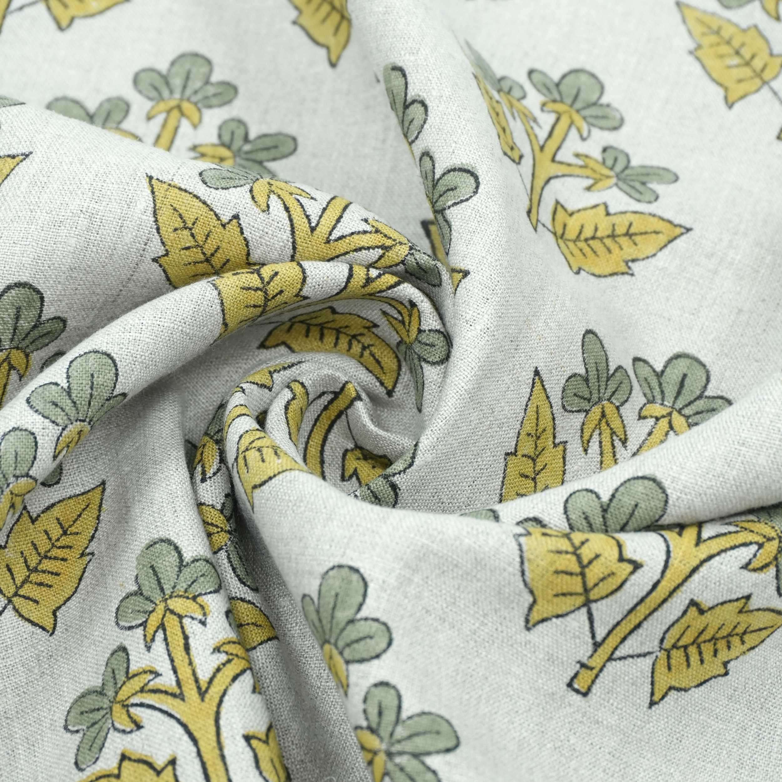 Indian Handmade Gray Yellow Floral Linen Cushion Fabric - Chahat