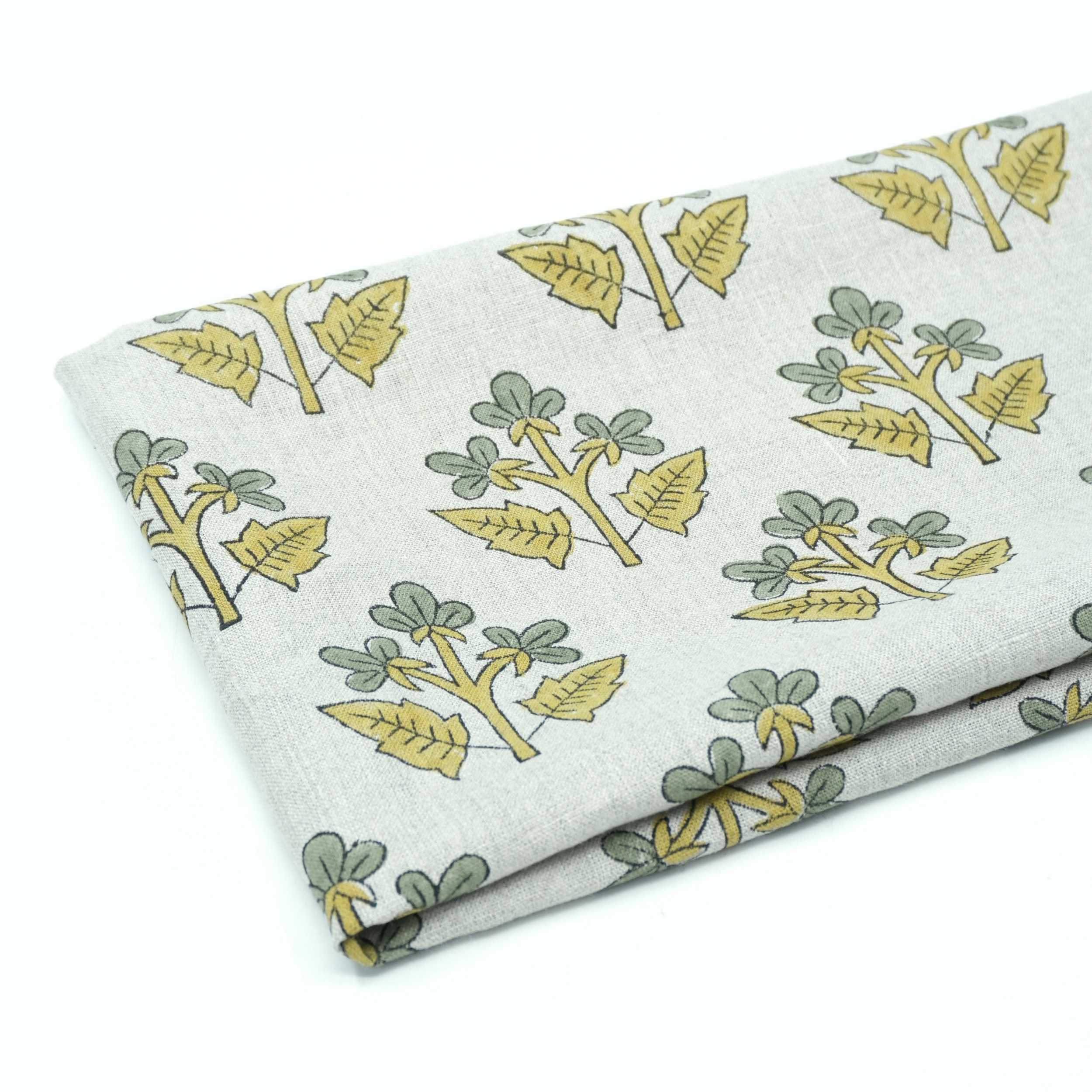 Indian Handmade Gray Yellow Floral Linen Cushion Fabric - Chahat