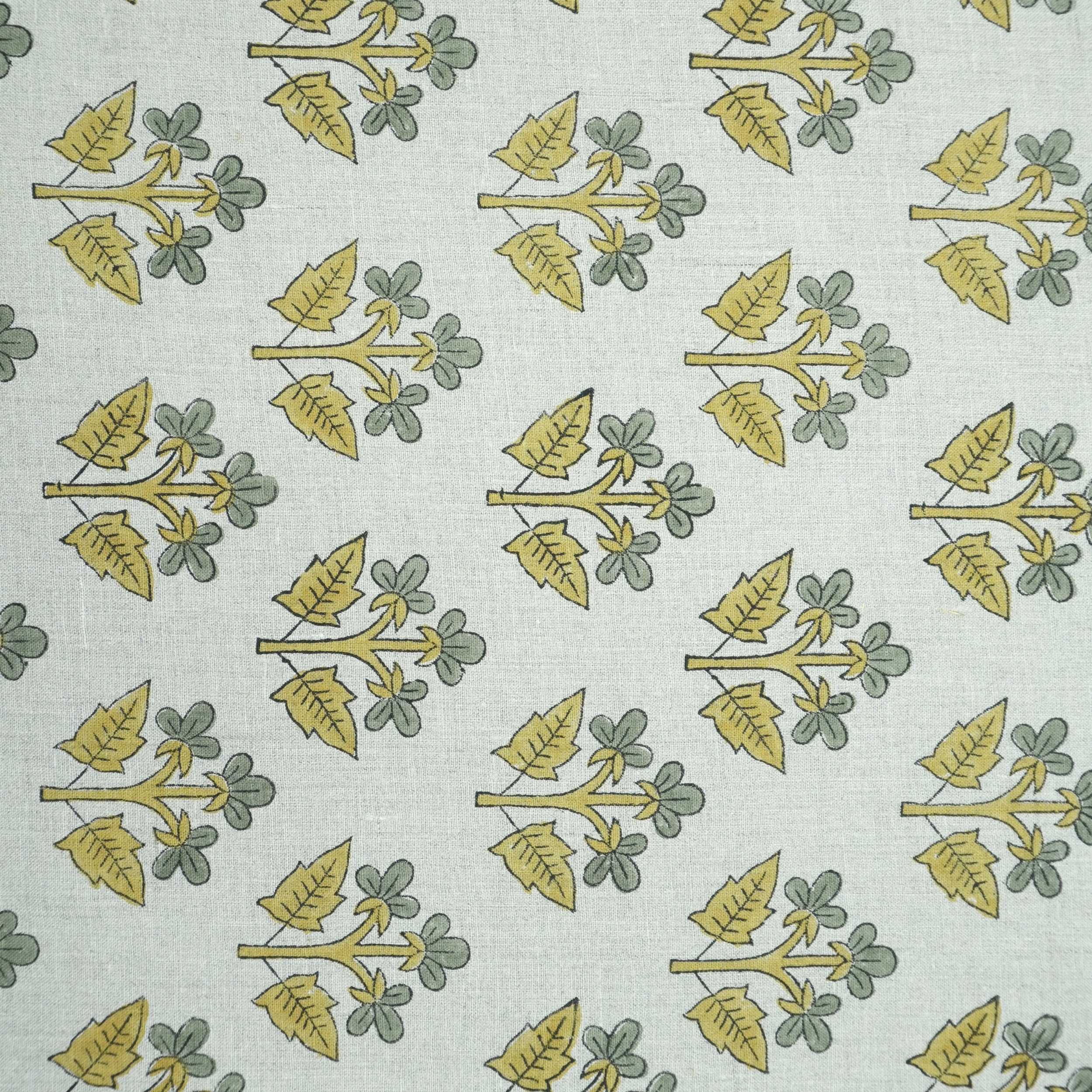 Indian Handmade Gray Yellow Floral Linen Cushion Fabric - Chahat