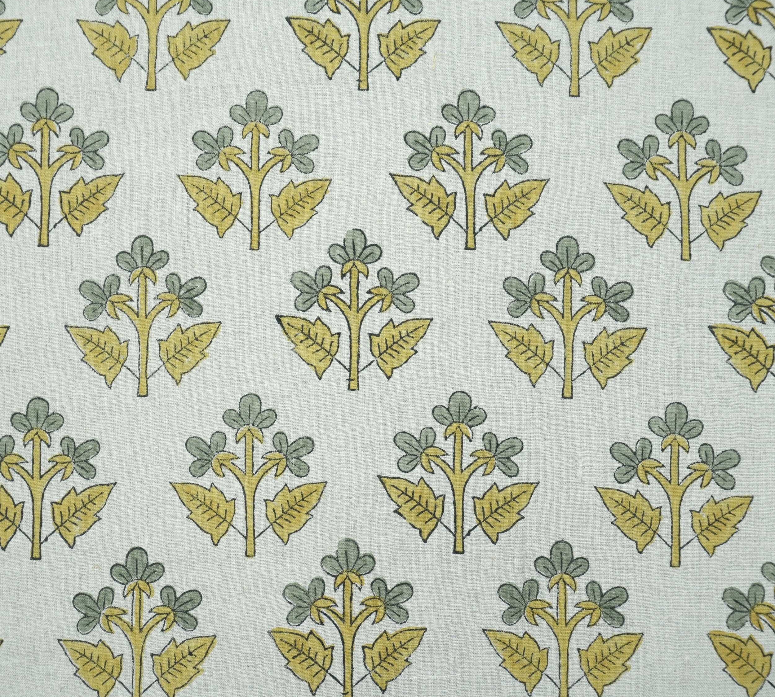Indian Handmade Gray Yellow Floral Linen Cushion Fabric - Chahat