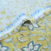 Chudamani Yellow & Blue Floral Hand Block Print Pure Linen Fabric