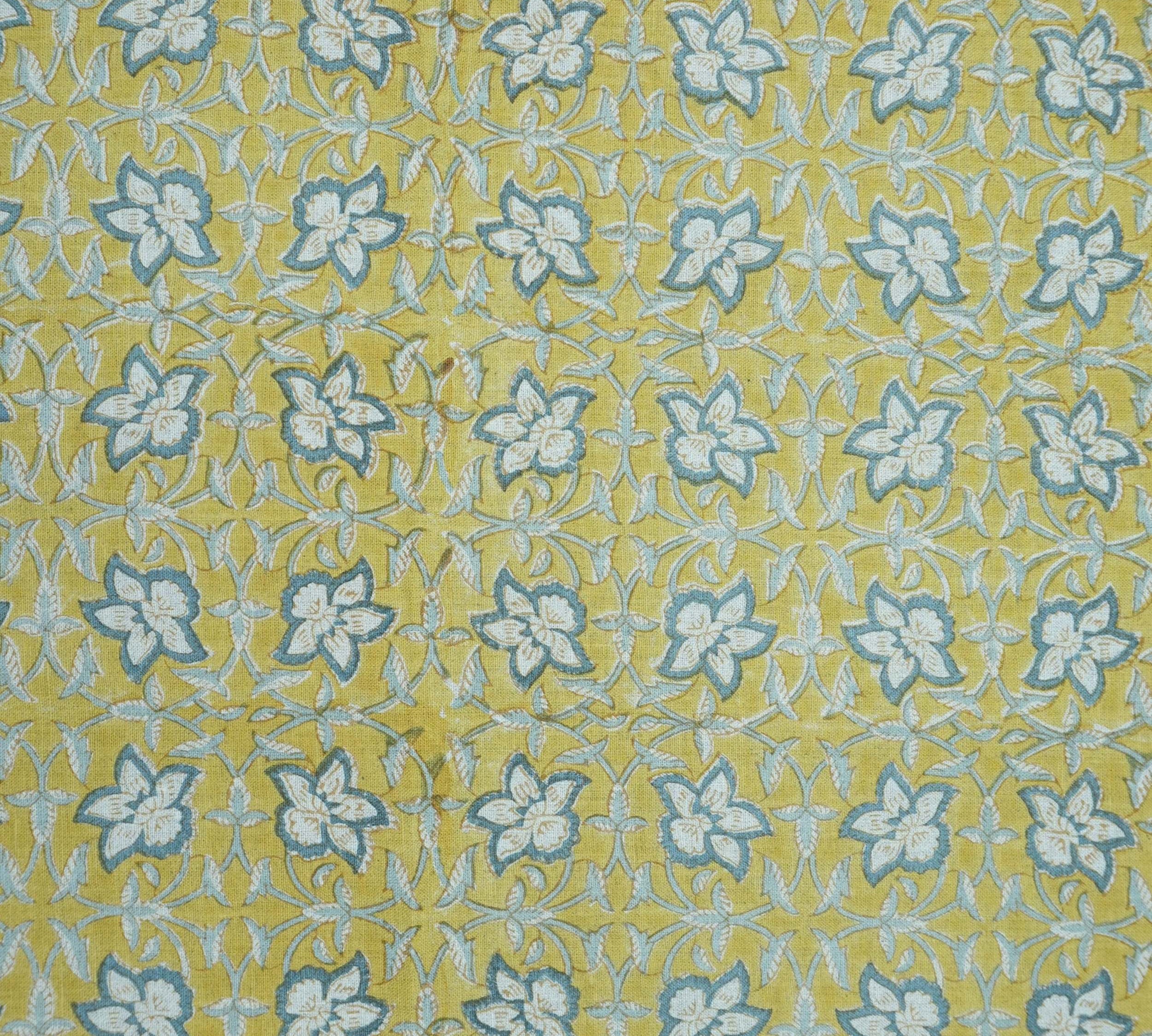 Chudamani Yellow & Blue Floral Hand Block Print Pure Linen Fabric