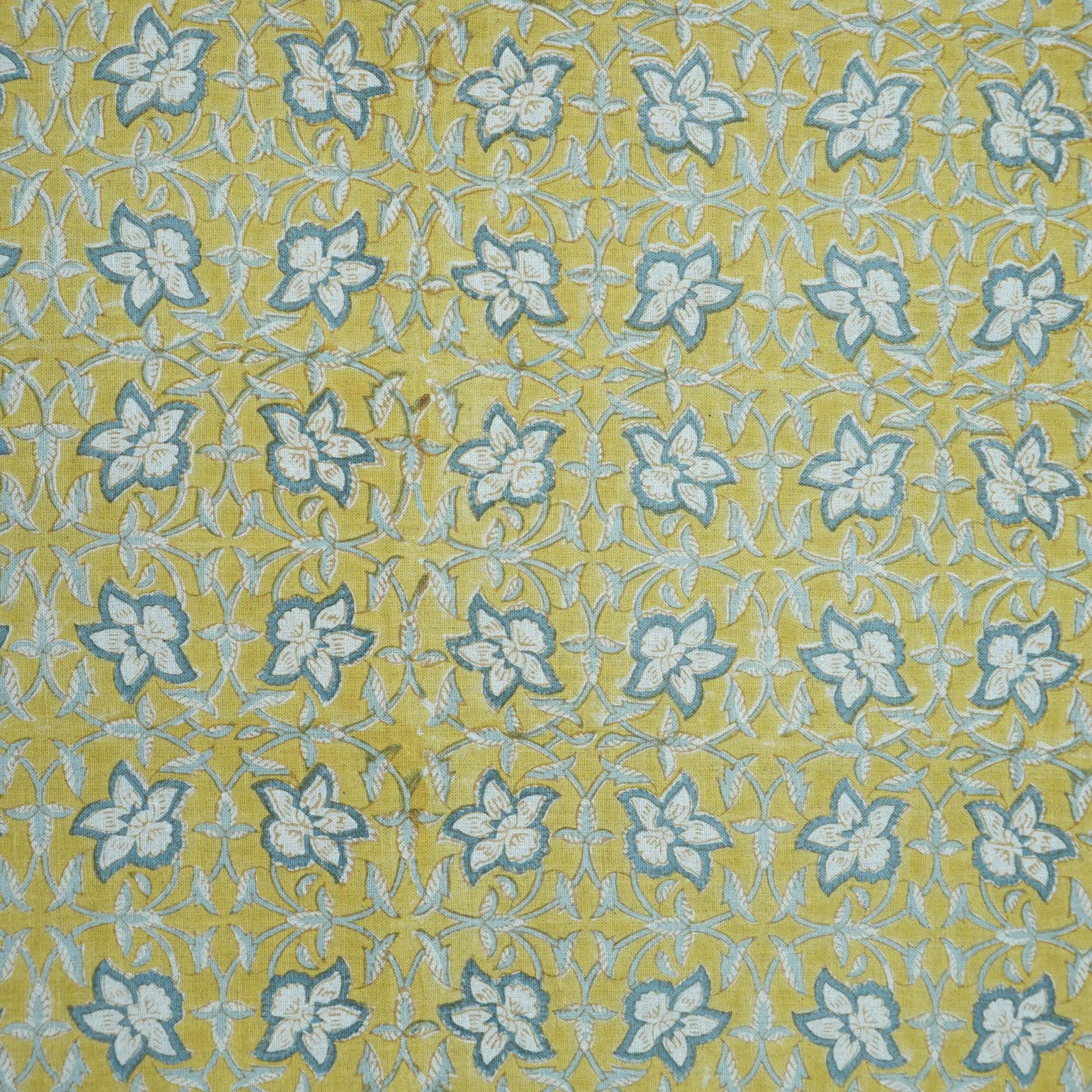 Chudamani Yellow & Blue Floral Hand Block Print Pure Linen Fabric
