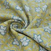 Chudamani Yellow & Blue Floral Hand Block Print Pure Linen Fabric