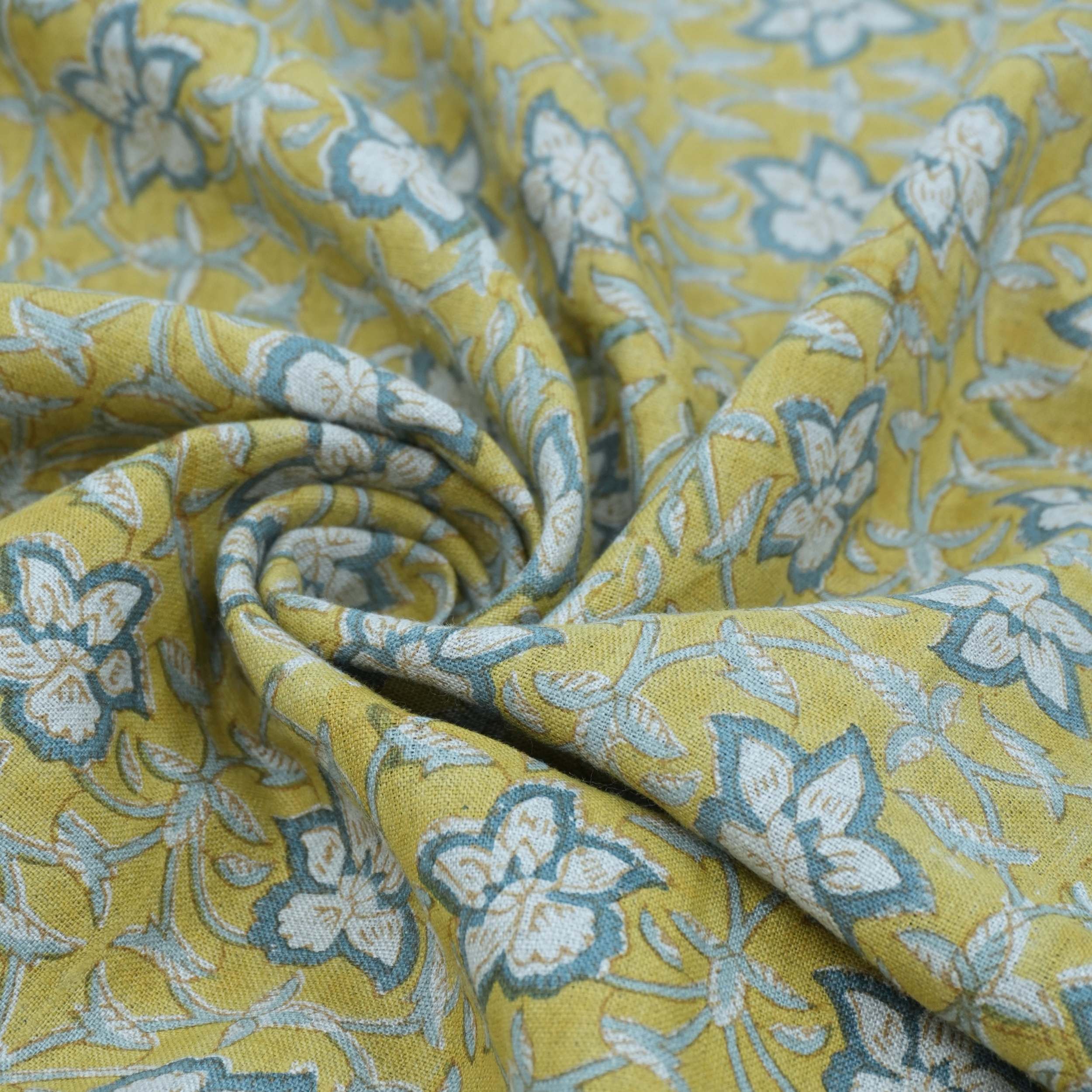 Chudamani Yellow & Blue Floral Hand Block Print Pure Linen Fabric