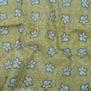 Chudamani Yellow & Blue Floral Hand Block Print Pure Linen Fabric