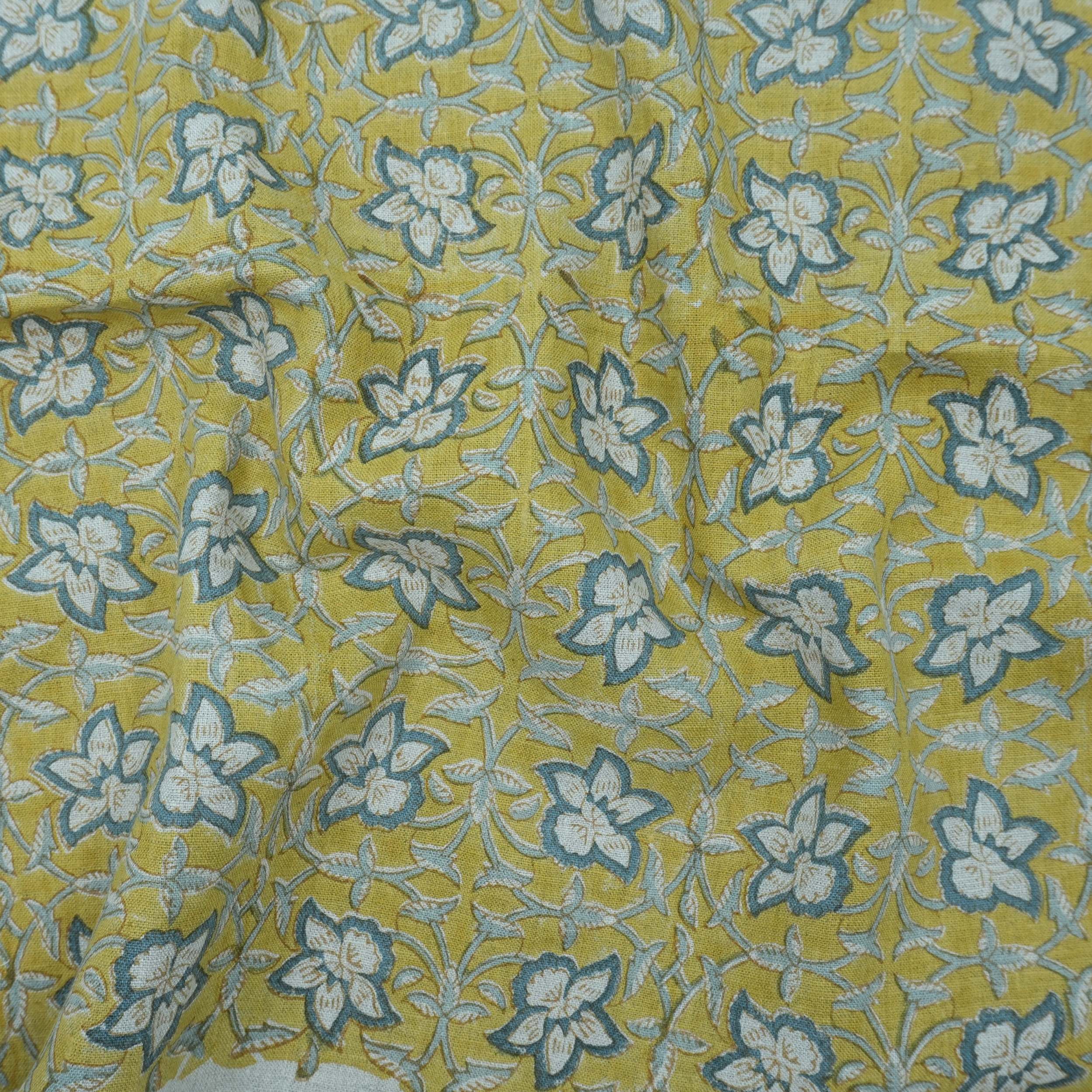 Chudamani Yellow & Blue Floral Hand Block Print Pure Linen Fabric