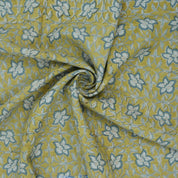 Chudamani Yellow & Blue Floral Hand Block Print Pure Linen Fabric