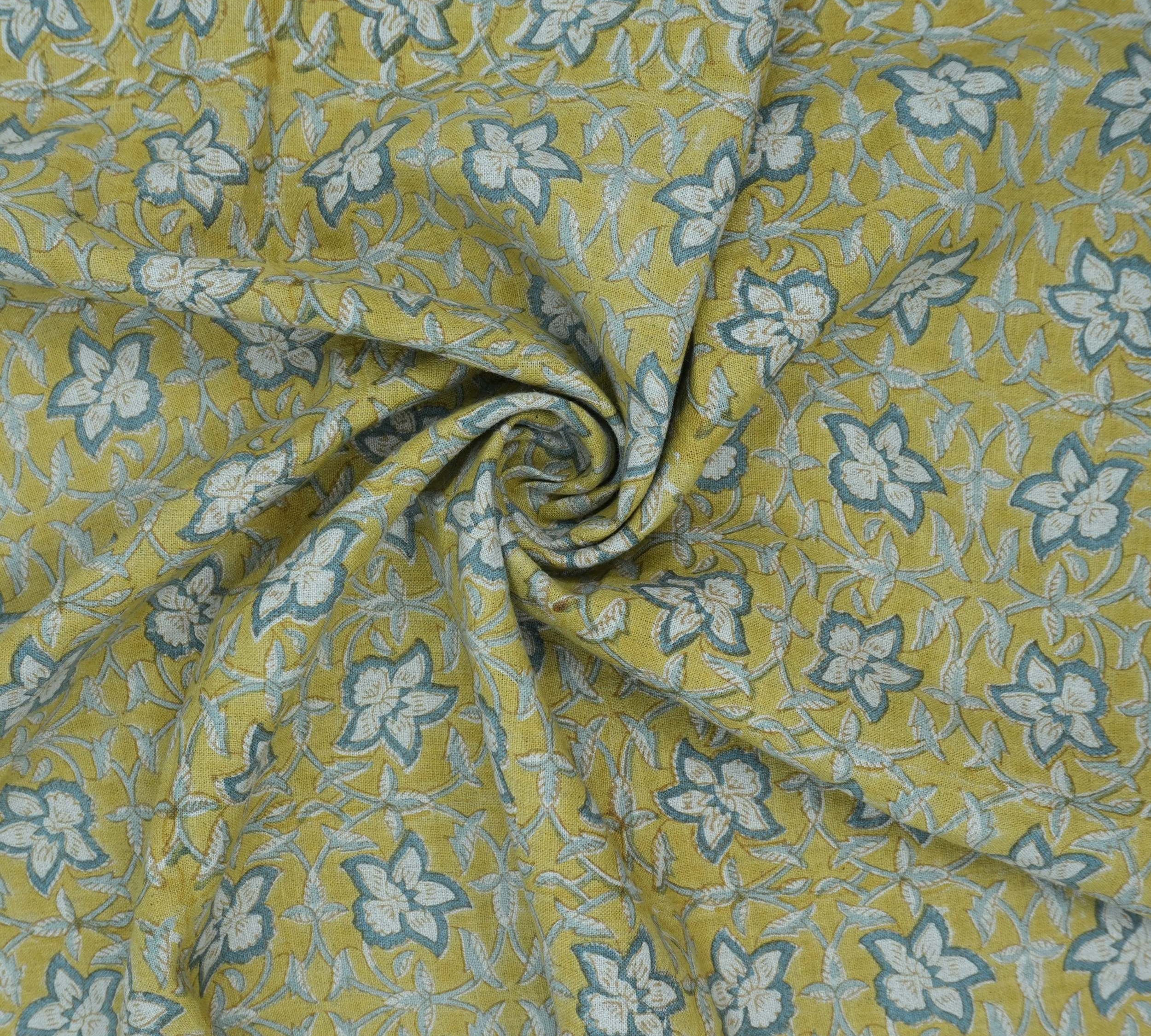 Chudamani Yellow & Blue Floral Hand Block Print Pure Linen Fabric