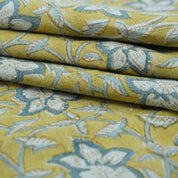 Chudamani Yellow & Blue Floral Hand Block Print Pure Linen Fabric