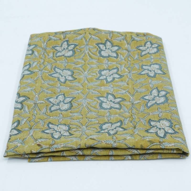 Chudamani Yellow & Blue Floral Hand Block Print Pure Linen Fabric