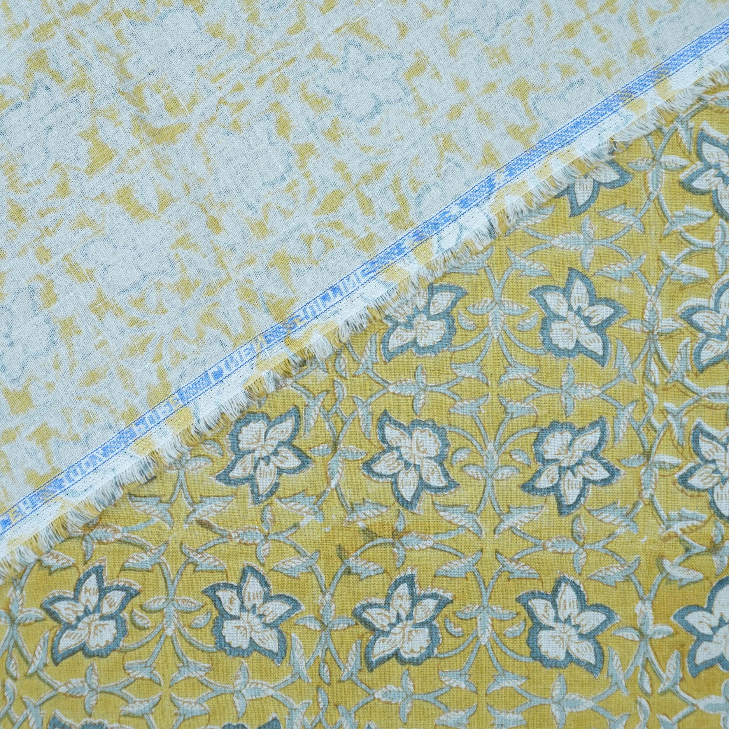 Chudamani Yellow & Blue Floral Hand Block Print Pure Linen Fabric
