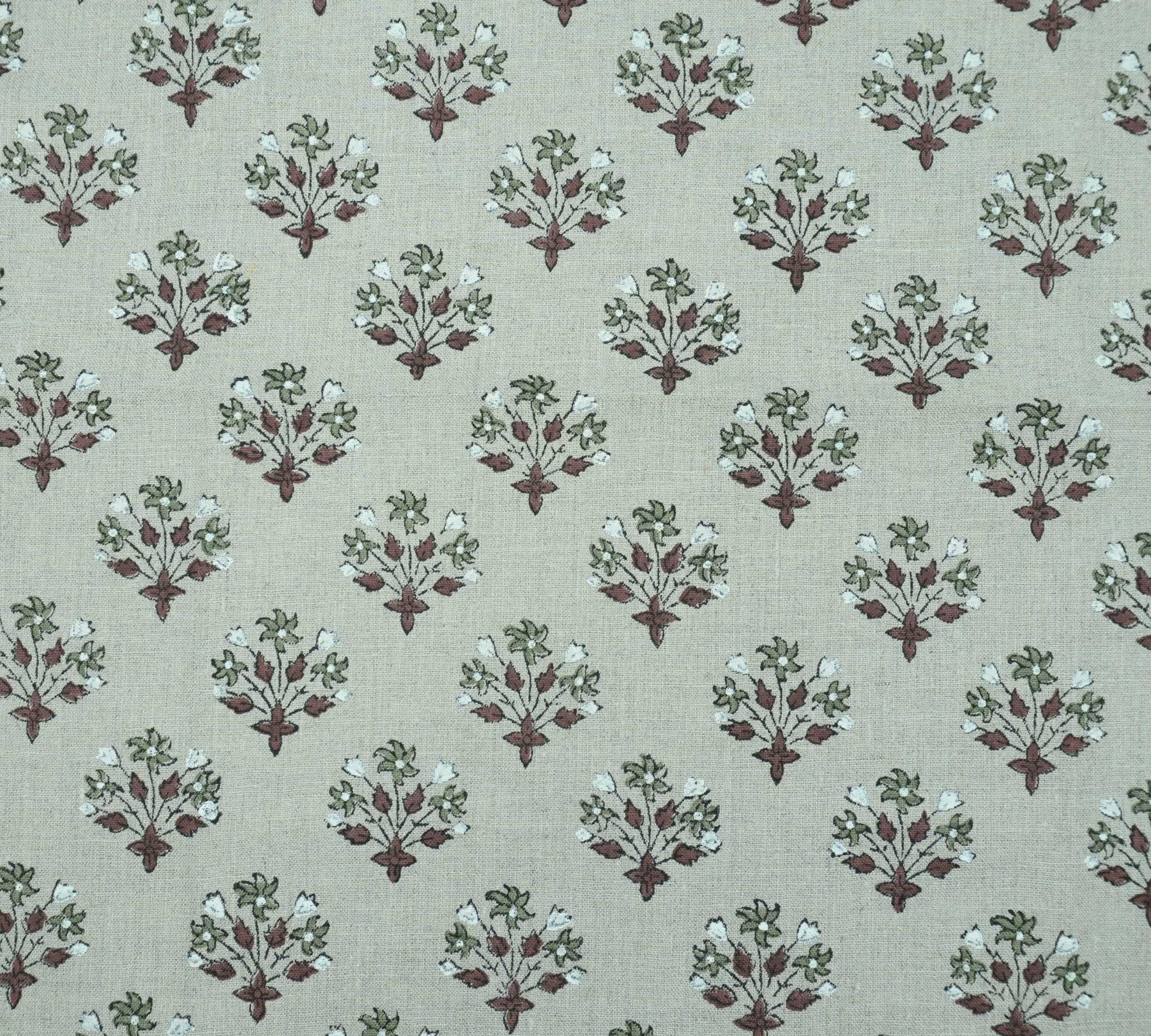 Handmade Green Floral Pure Linen Sofa Cushion Fabric - Diwali Flower