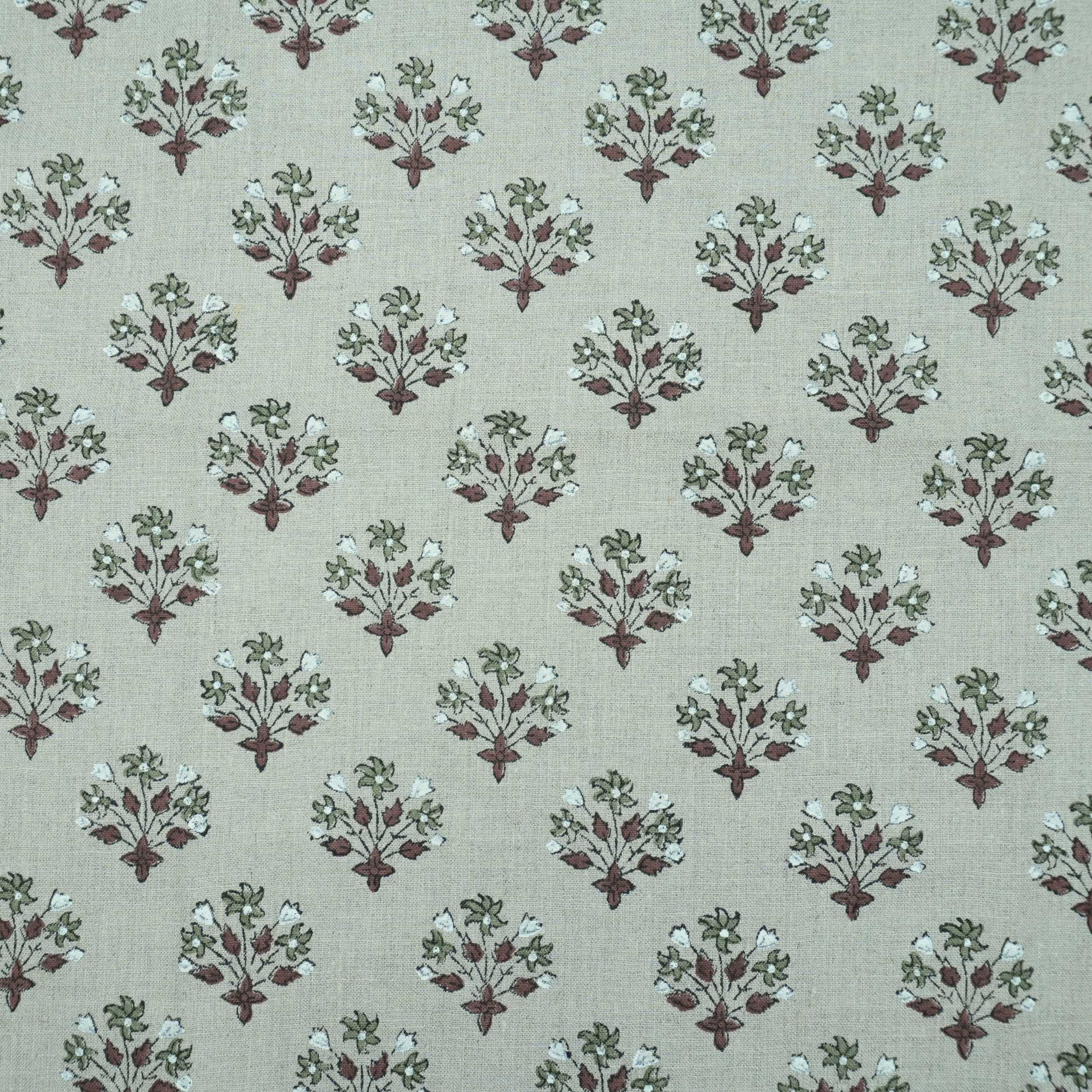 Handmade Green Floral Pure Linen Sofa Cushion Fabric - Diwali Flower