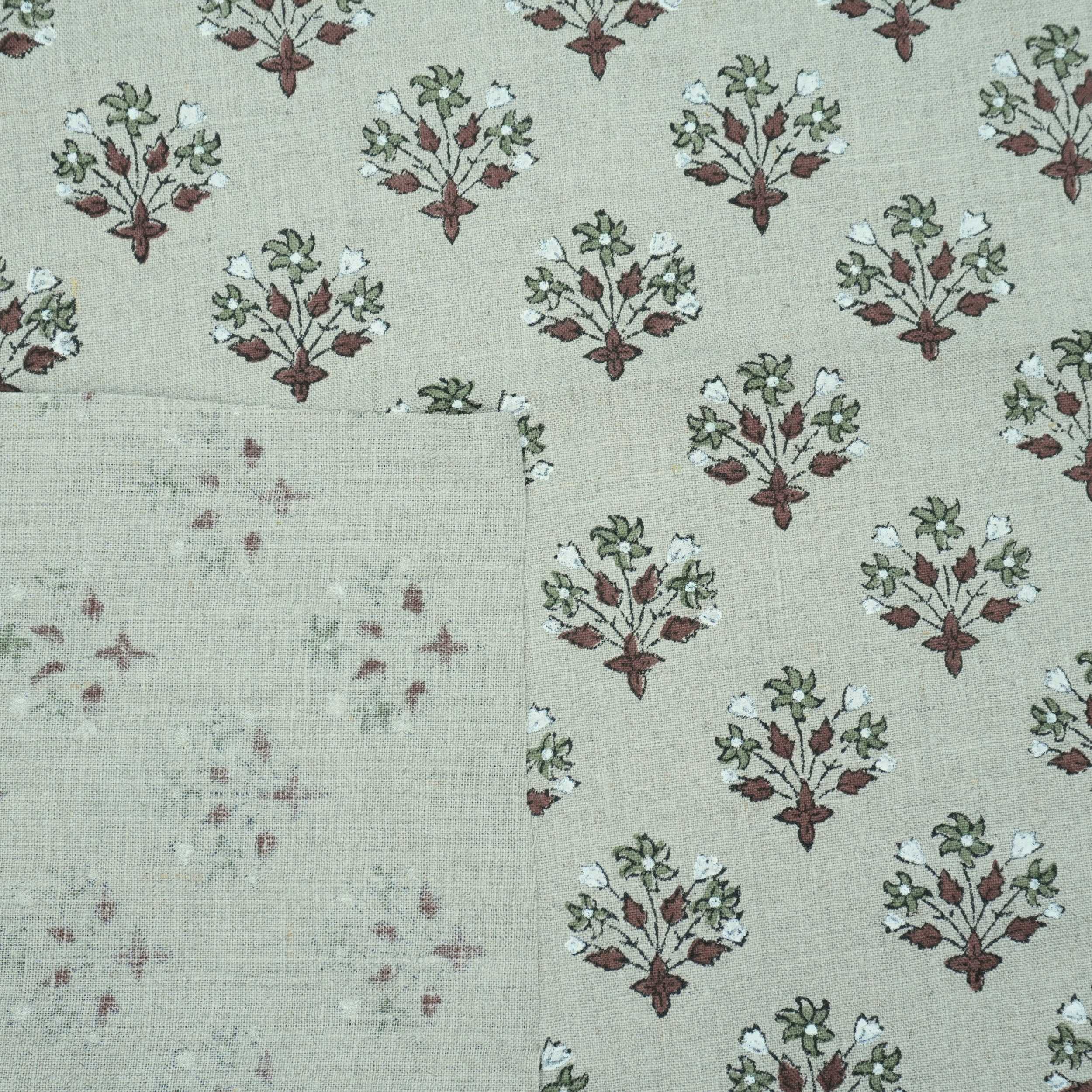 Handmade Green Floral Pure Linen Sofa Cushion Fabric - Diwali Flower