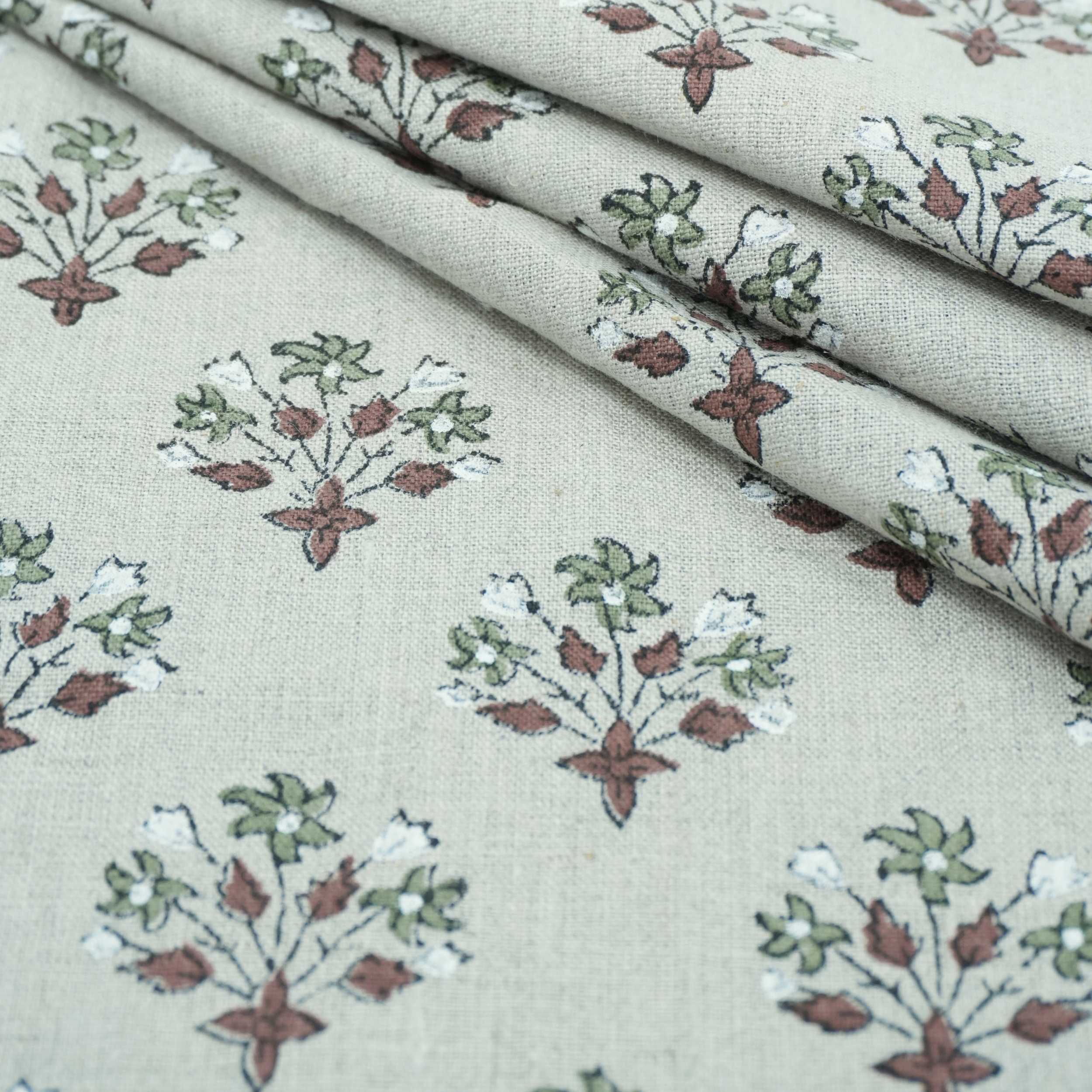 Handmade Green Floral Pure Linen Sofa Cushion Fabric - Diwali Flower