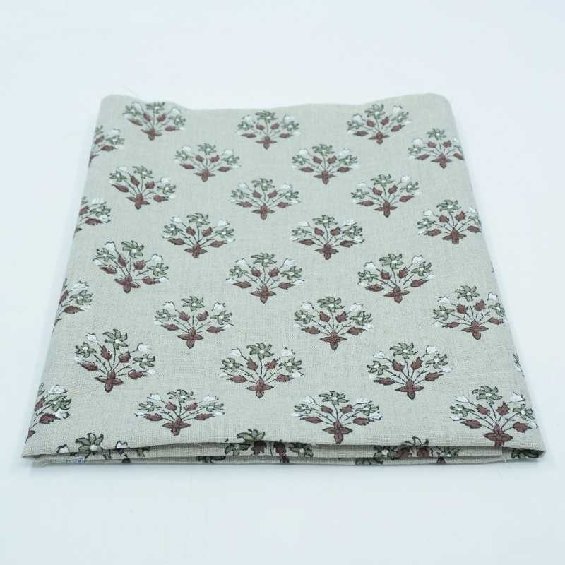Handmade Green Floral Pure Linen Sofa Cushion Fabric - Diwali Flower