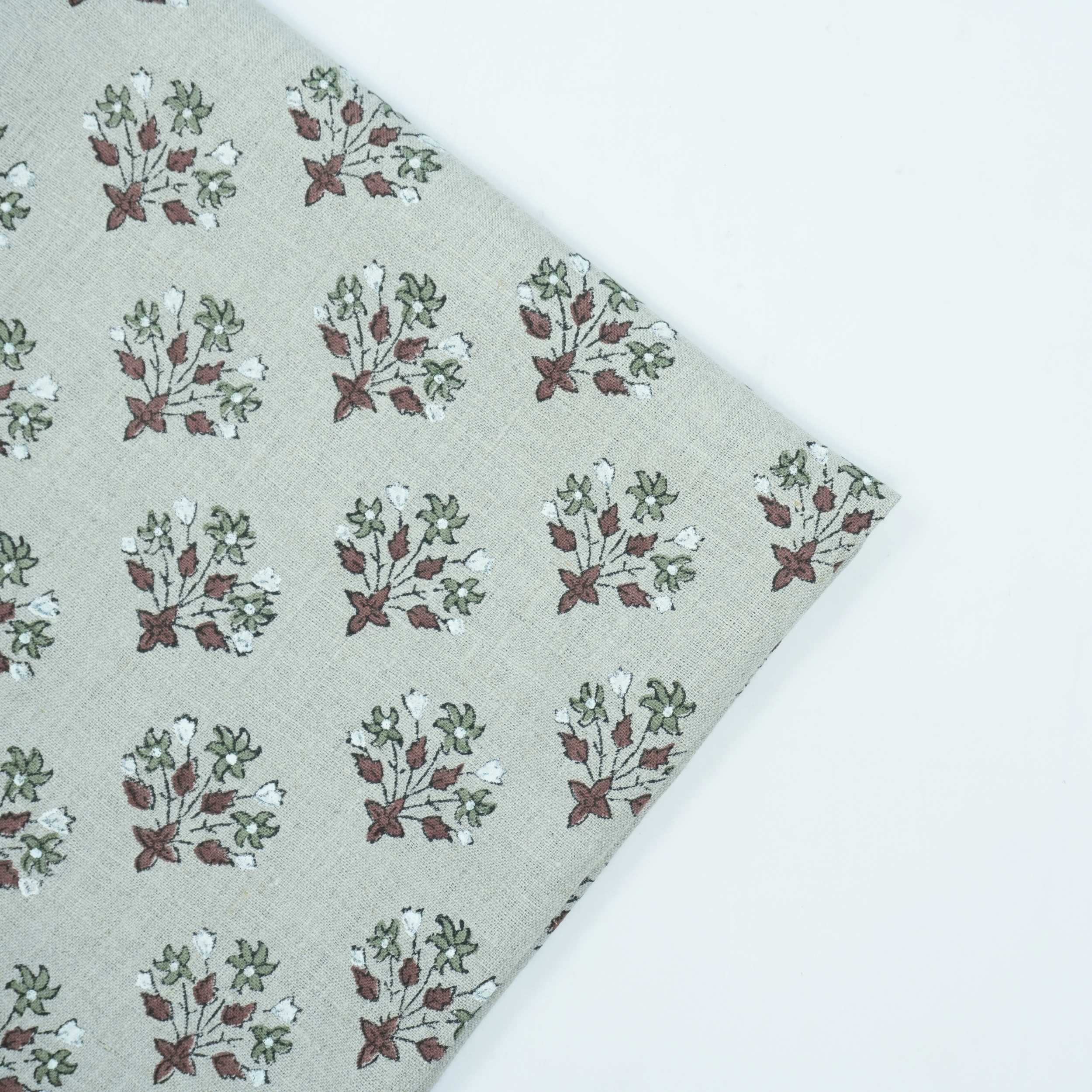 Handmade Green Floral Pure Linen Sofa Cushion Fabric - Diwali Flower