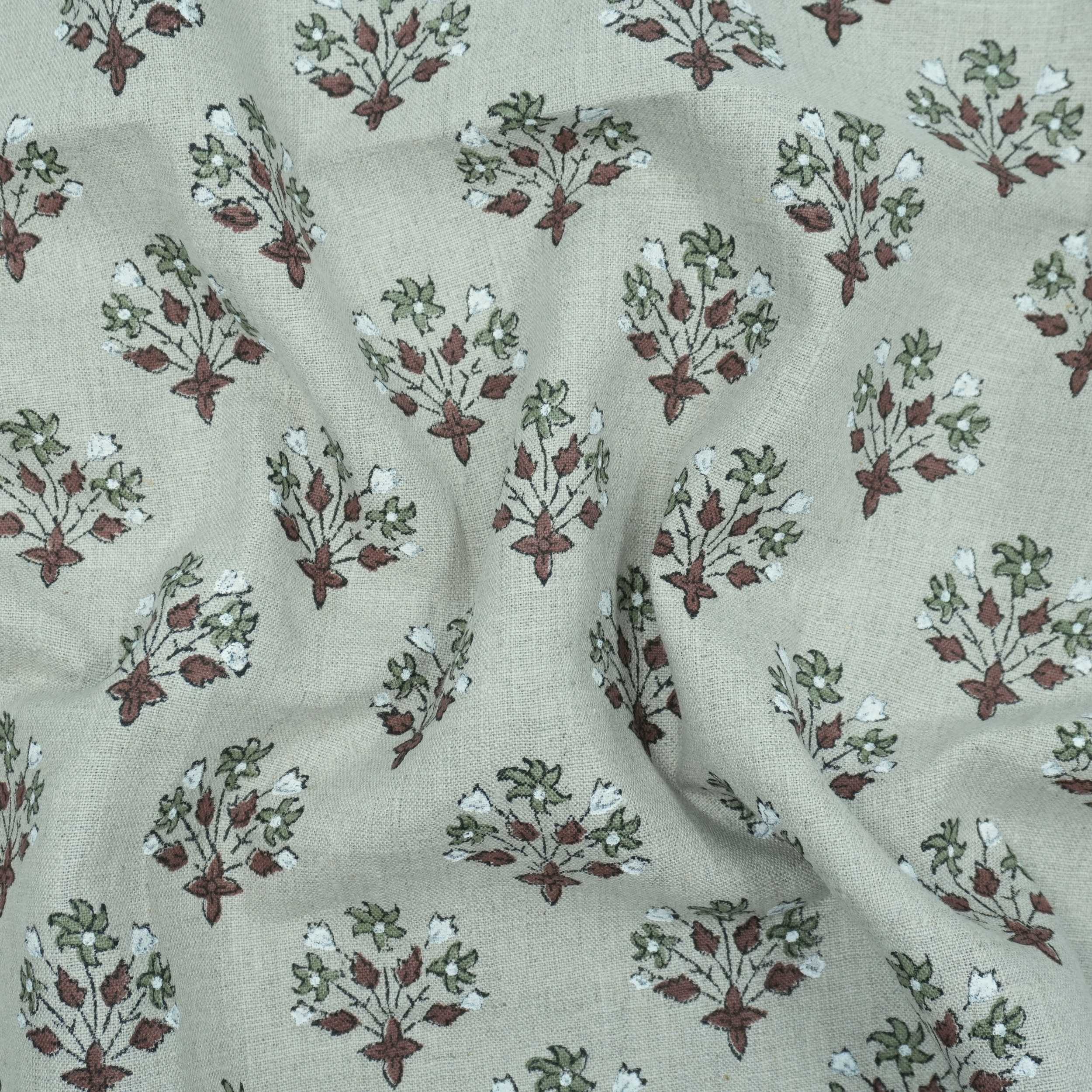 Handmade Green Floral Pure Linen Sofa Cushion Fabric - Diwali Flower