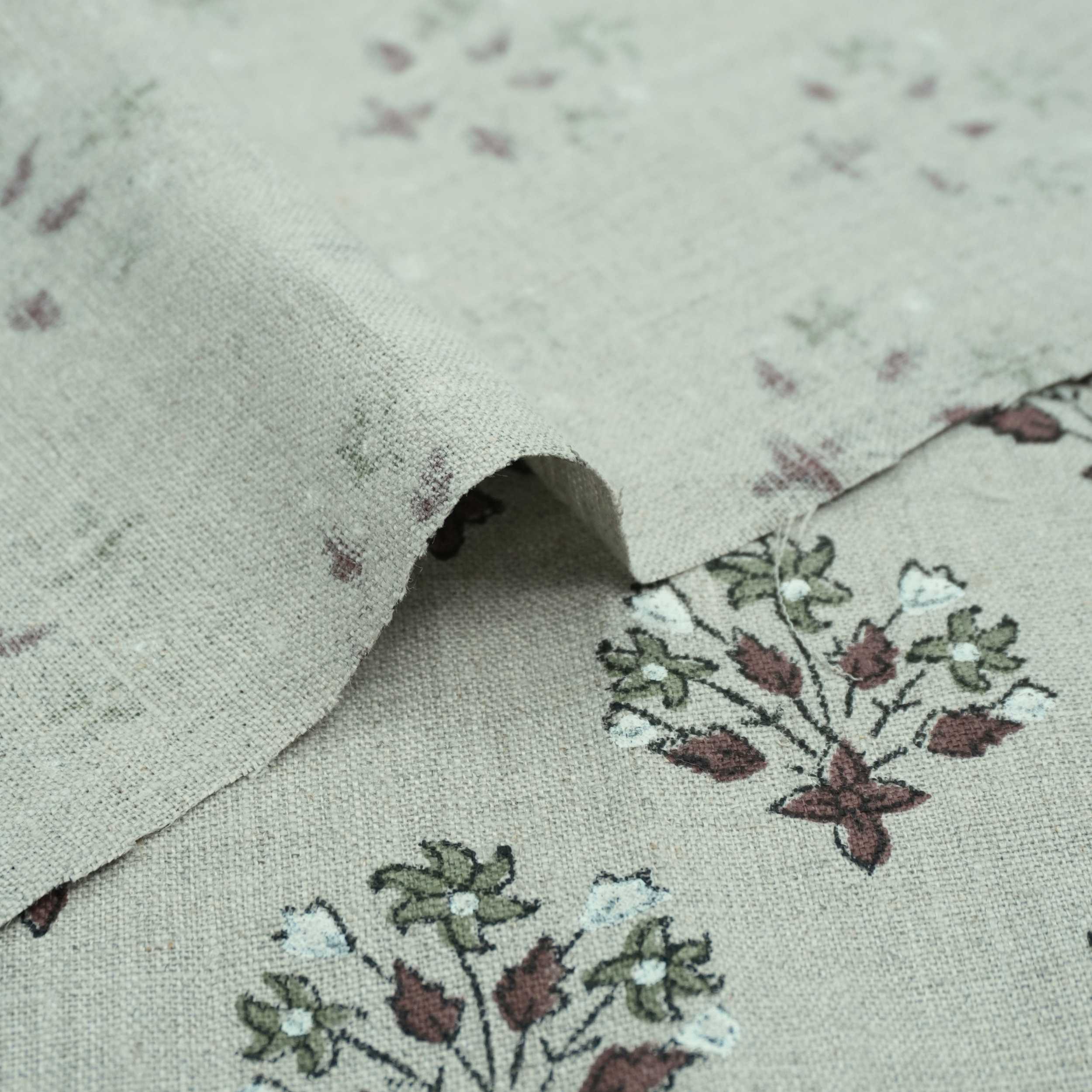 Handmade Green Floral Pure Linen Sofa Cushion Fabric - Diwali Flower