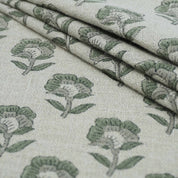 Handcrafted Thick Linen Curtain Fabric | Green & Gray Floral Textile
