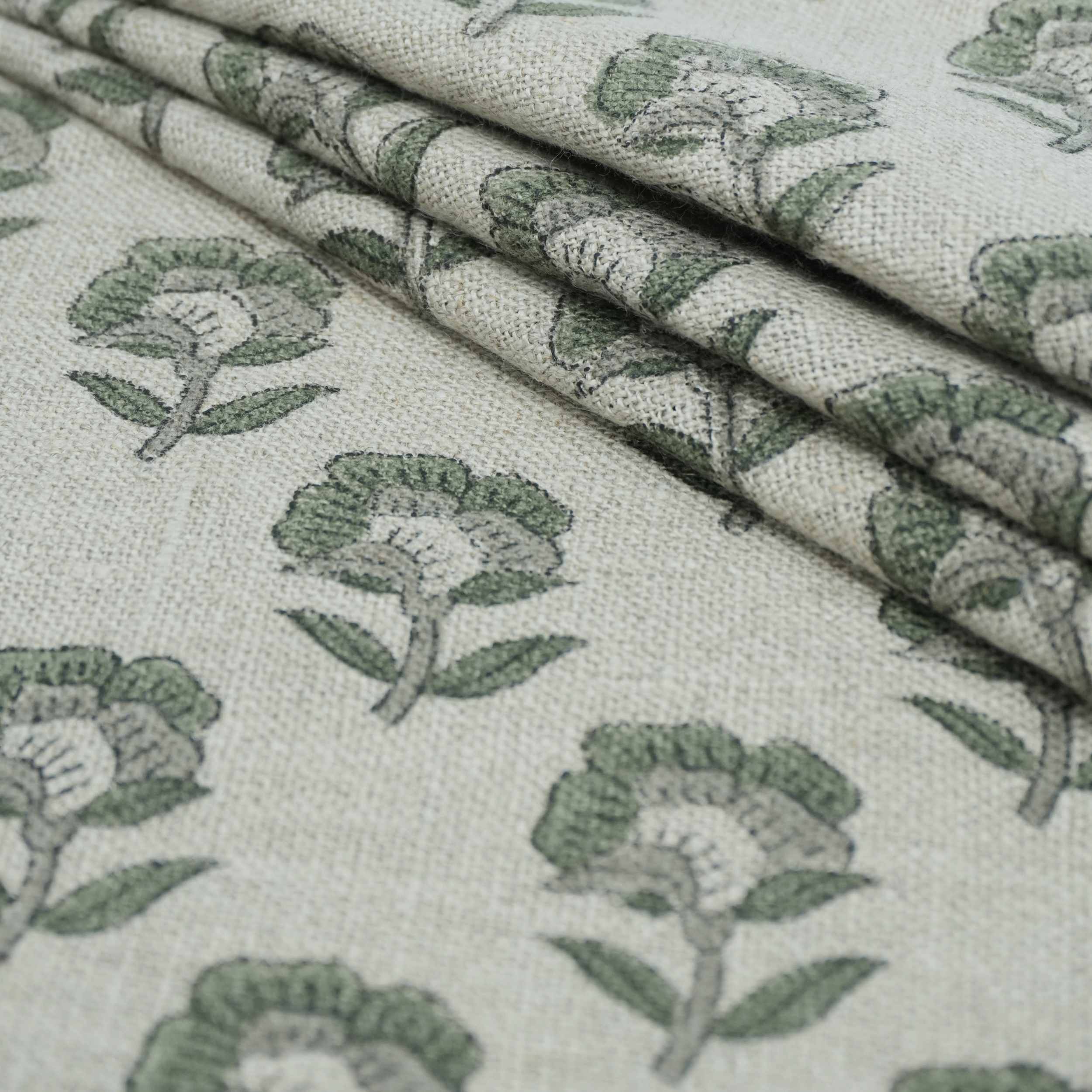 Handcrafted Thick Linen Curtain Fabric | Green & Gray Floral Textile