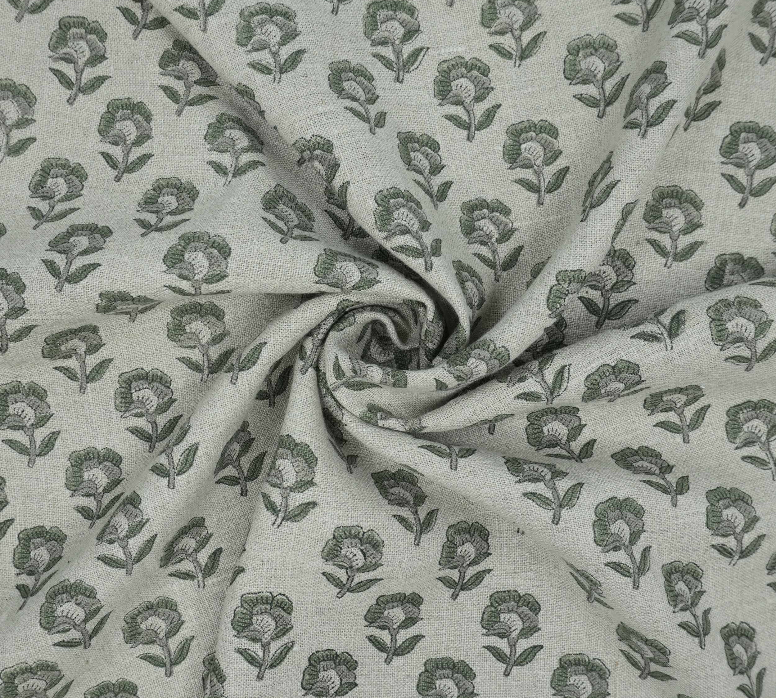 Handcrafted Thick Linen Curtain Fabric | Green & Gray Floral Textile