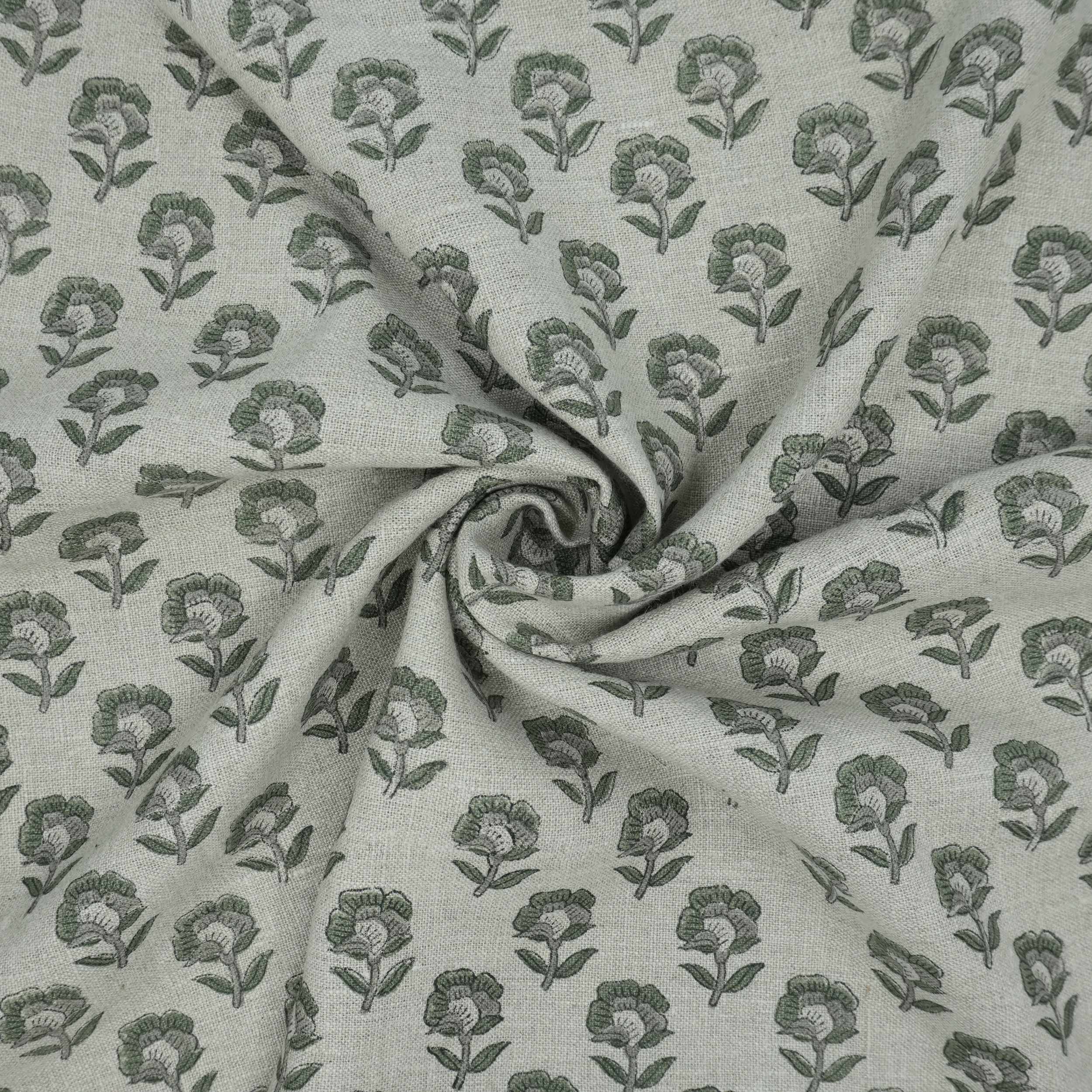 Handcrafted Thick Linen Curtain Fabric | Green & Gray Floral Textile