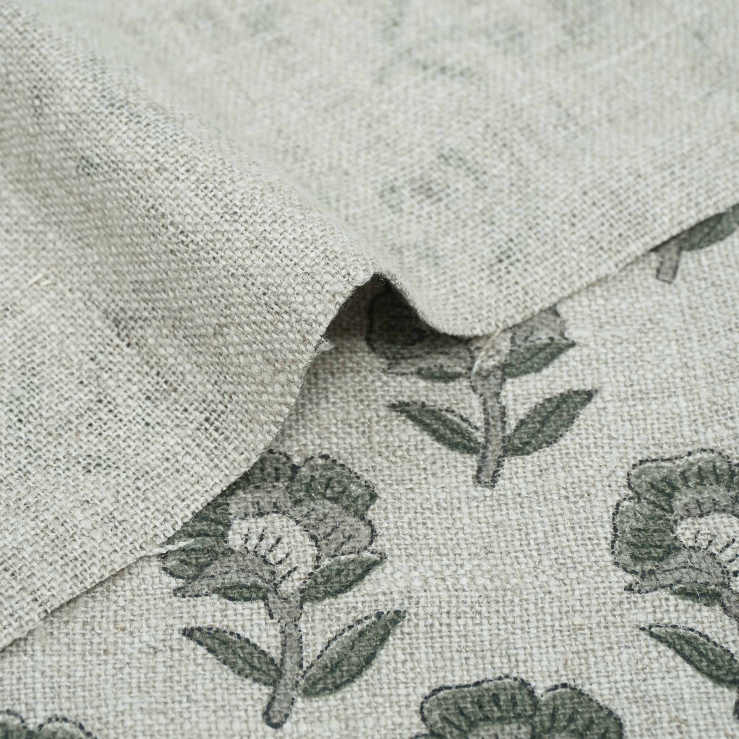 Handcrafted Thick Linen Curtain Fabric | Green & Gray Floral Textile