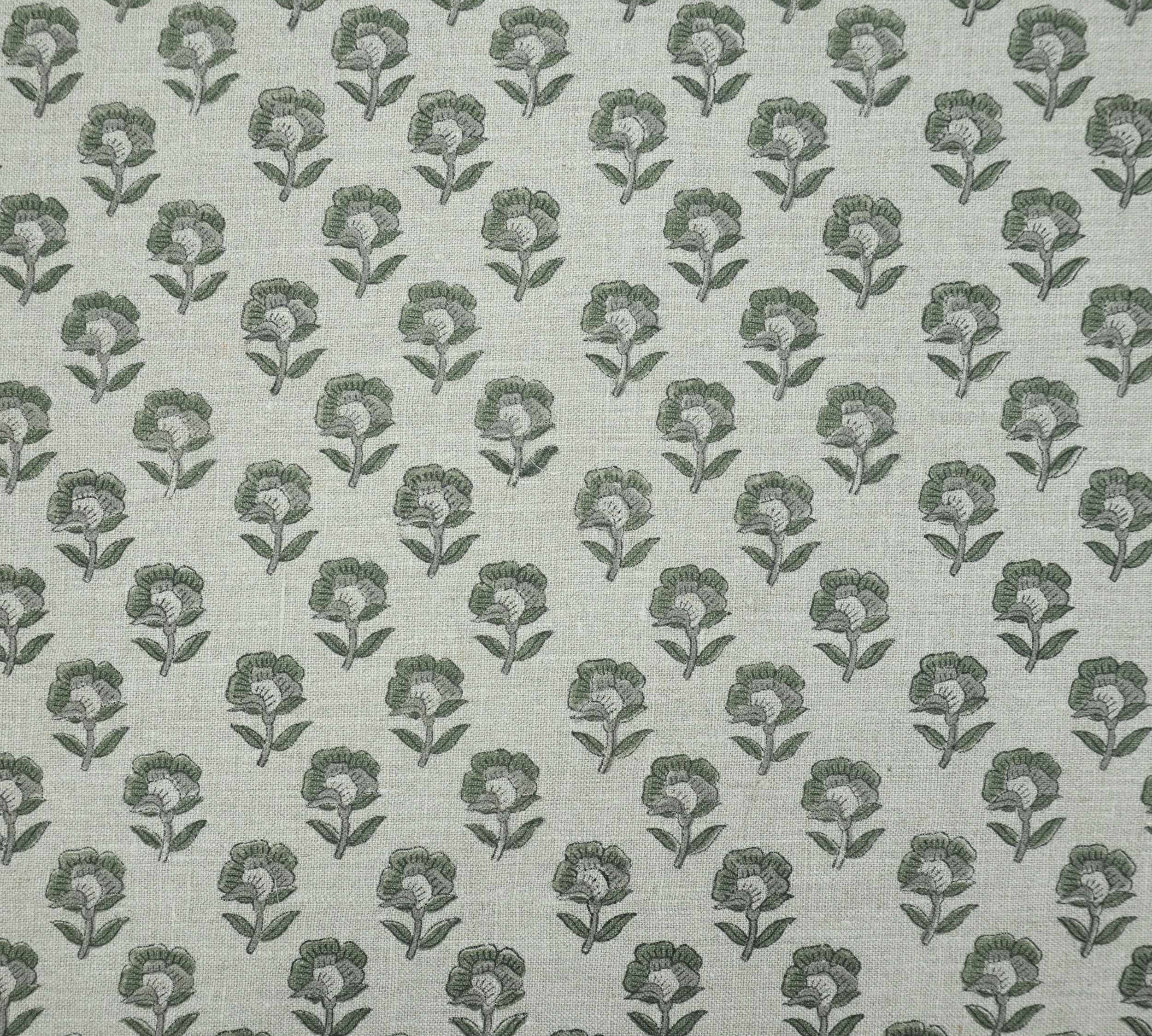 Handcrafted Thick Linen Curtain Fabric | Green & Gray Floral Textile