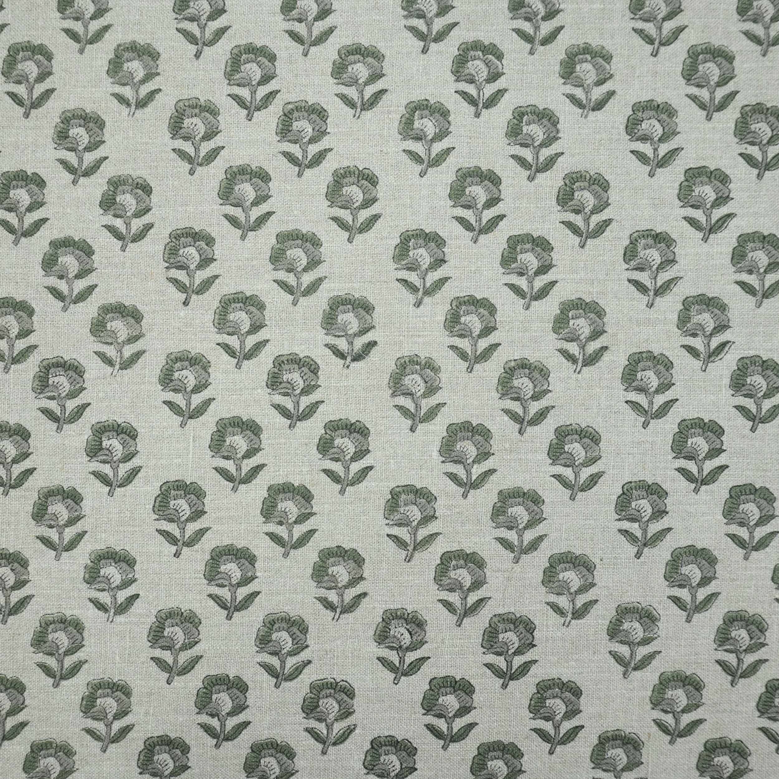 Handcrafted Thick Linen Curtain Fabric | Green & Gray Floral Textile