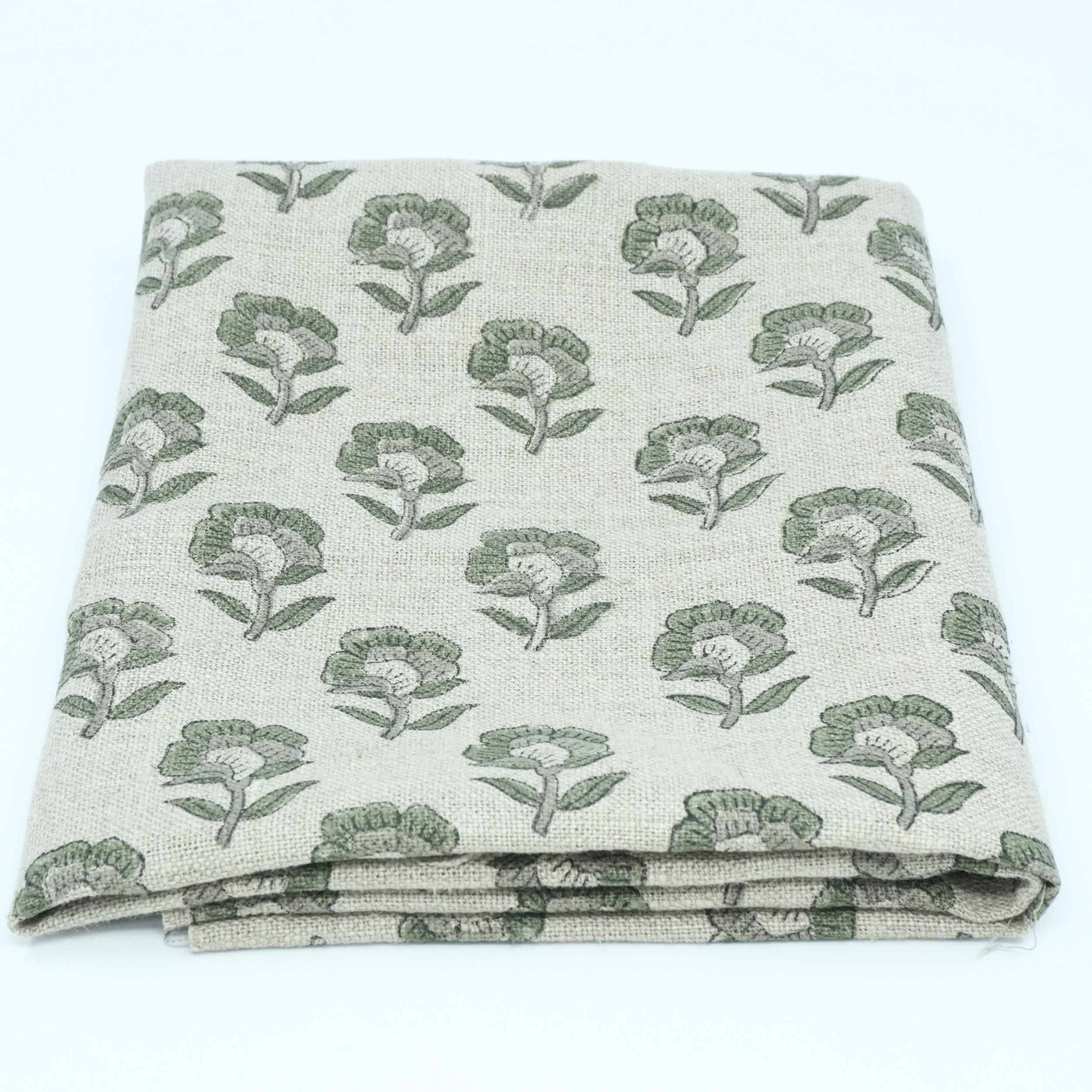 Handcrafted Thick Linen Curtain Fabric | Green & Gray Floral Textile
