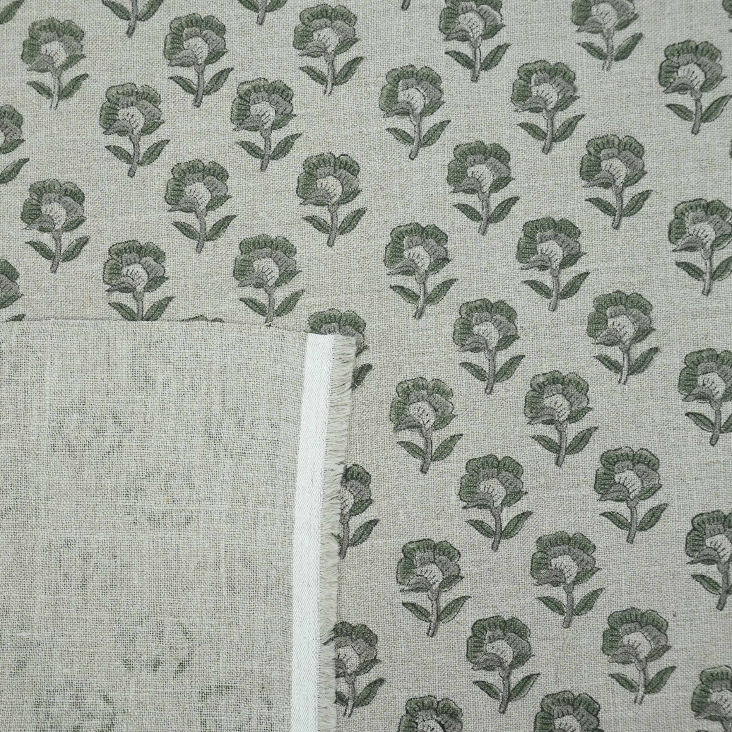 Handcrafted Thick Linen Curtain Fabric | Green & Gray Floral Textile