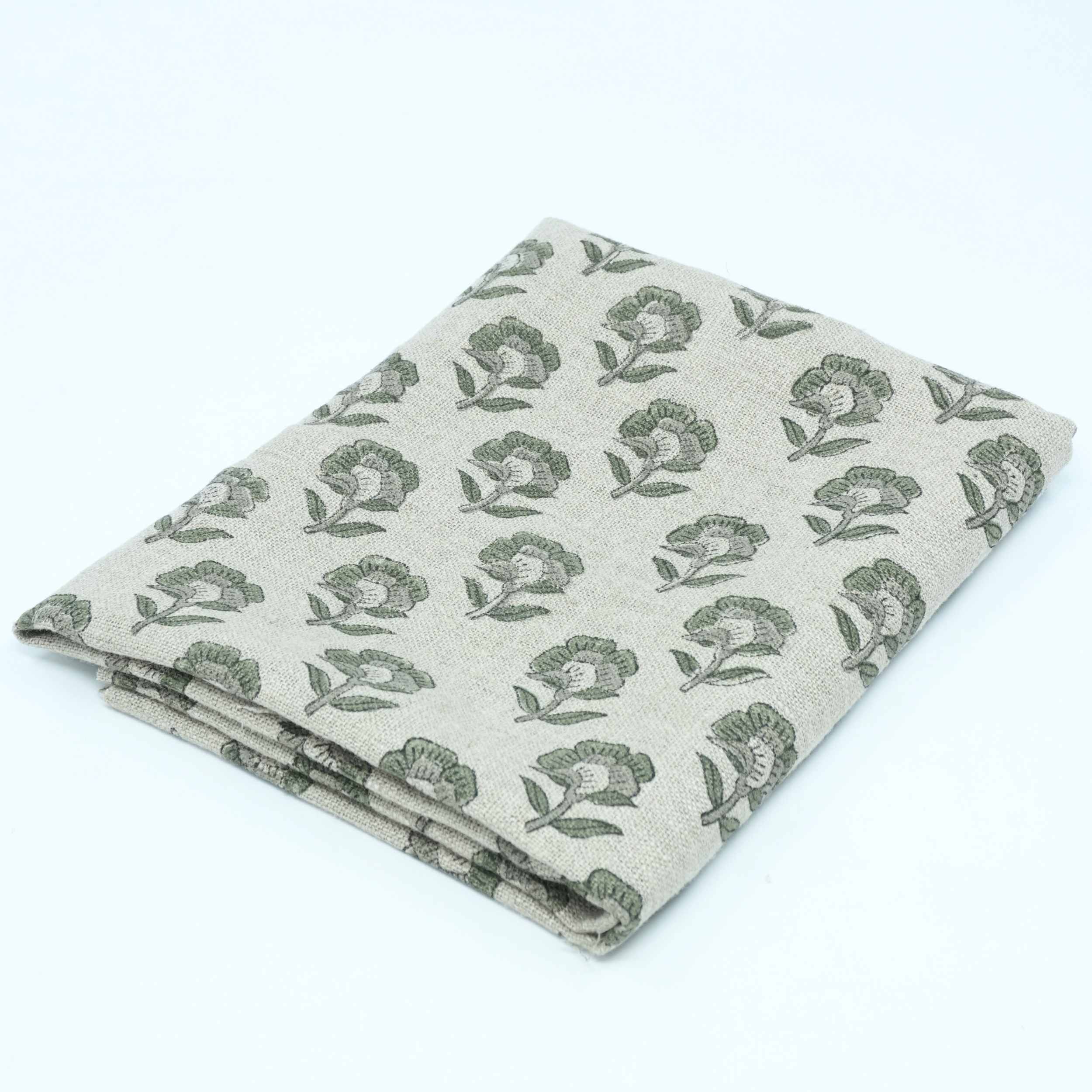 Handcrafted Thick Linen Curtain Fabric | Green & Gray Floral Textile
