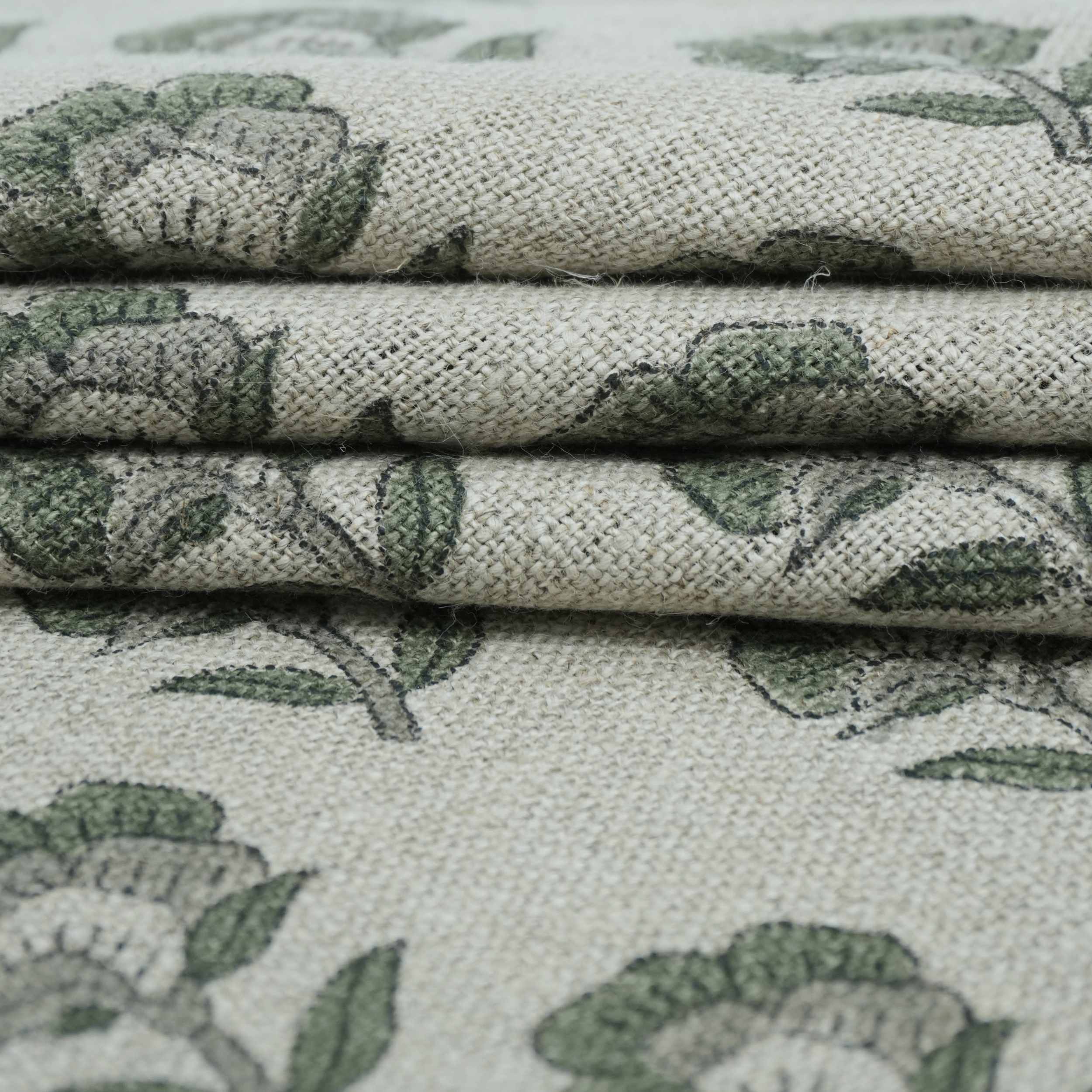 Handcrafted Thick Linen Curtain Fabric | Green & Gray Floral Textile