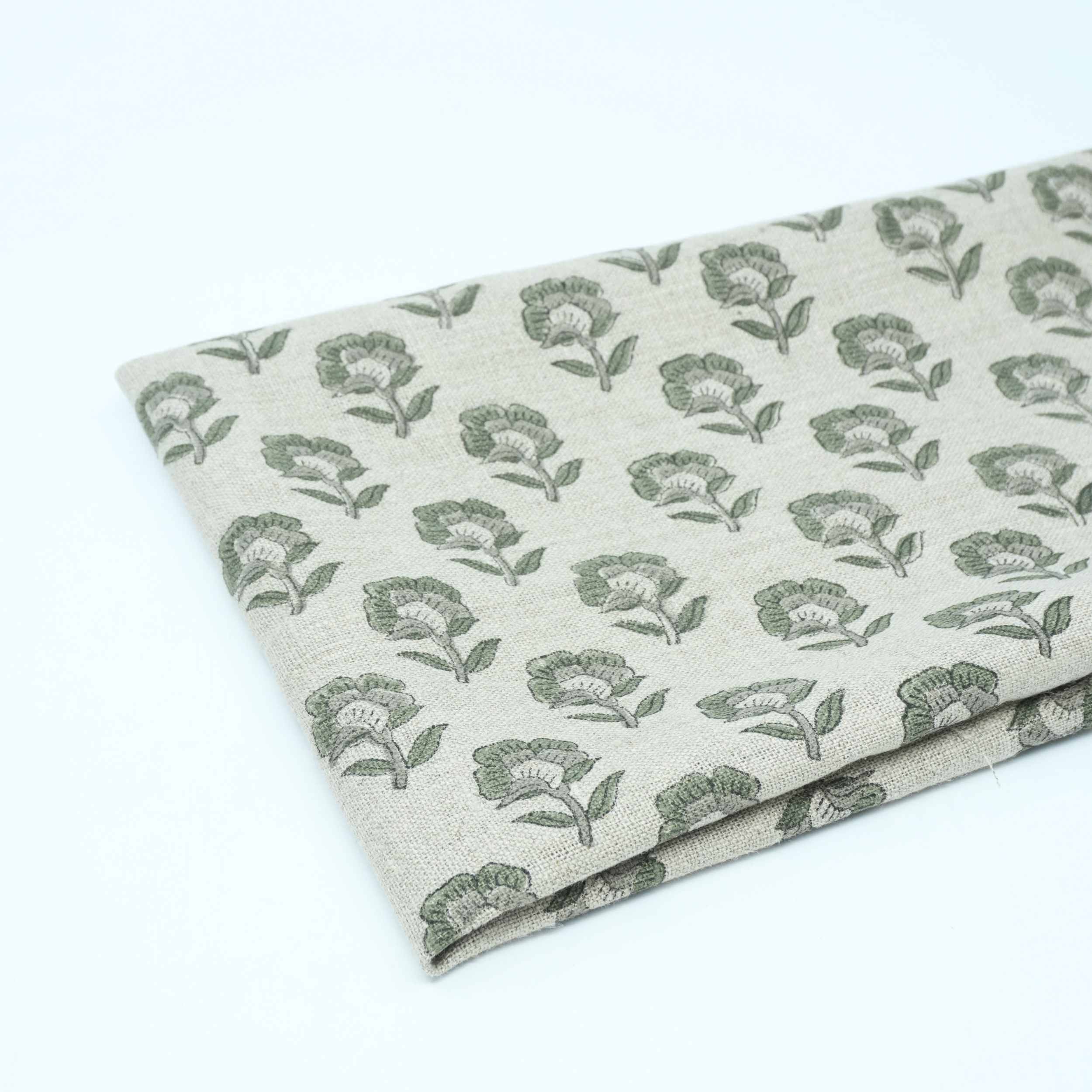 Handcrafted Thick Linen Curtain Fabric | Green & Gray Floral Textile