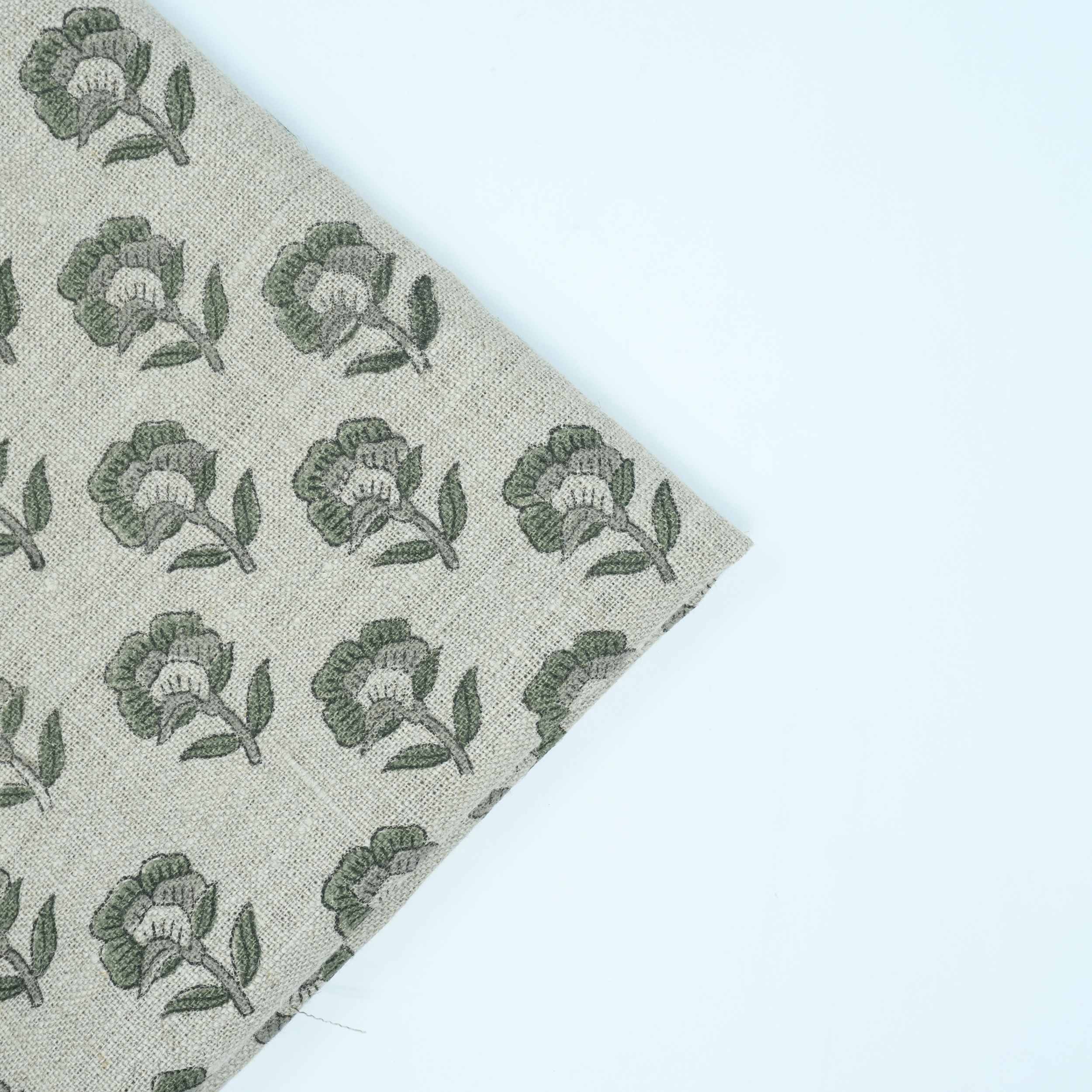 Handcrafted Thick Linen Curtain Fabric | Green & Gray Floral Textile