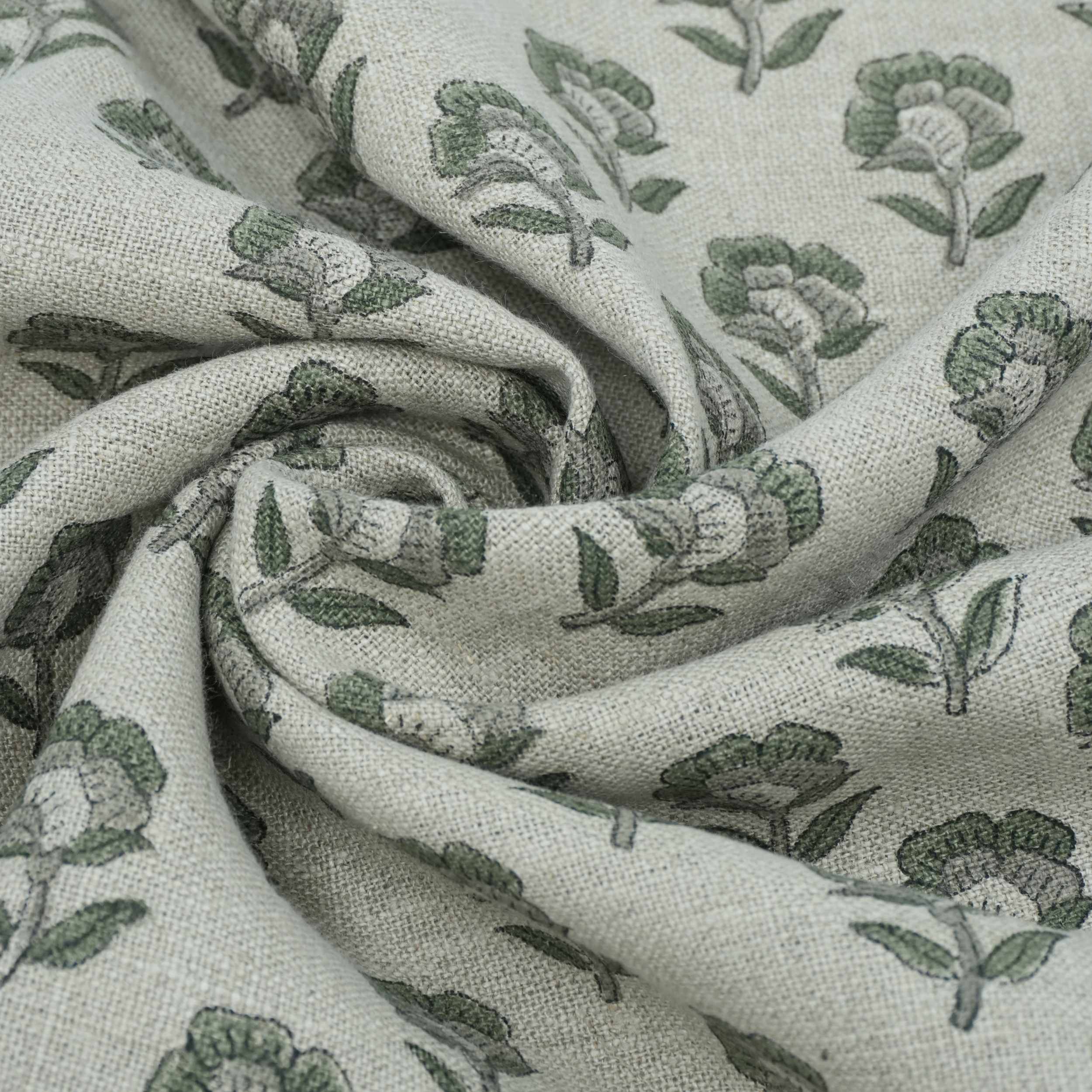 Handcrafted Thick Linen Curtain Fabric | Green & Gray Floral Textile