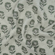 Handcrafted Thick Linen Curtain Fabric | Green & Gray Floral Textile