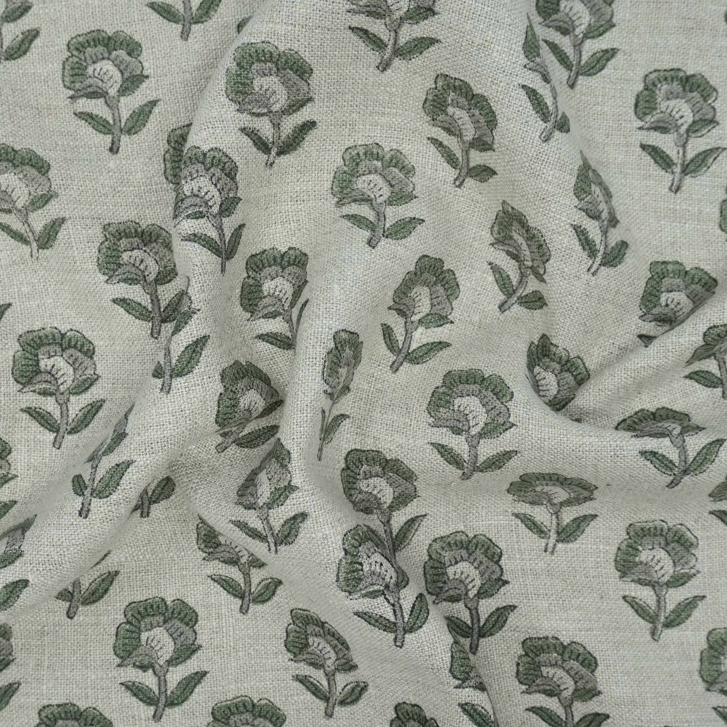 Handcrafted Thick Linen Curtain Fabric | Green & Gray Floral Textile