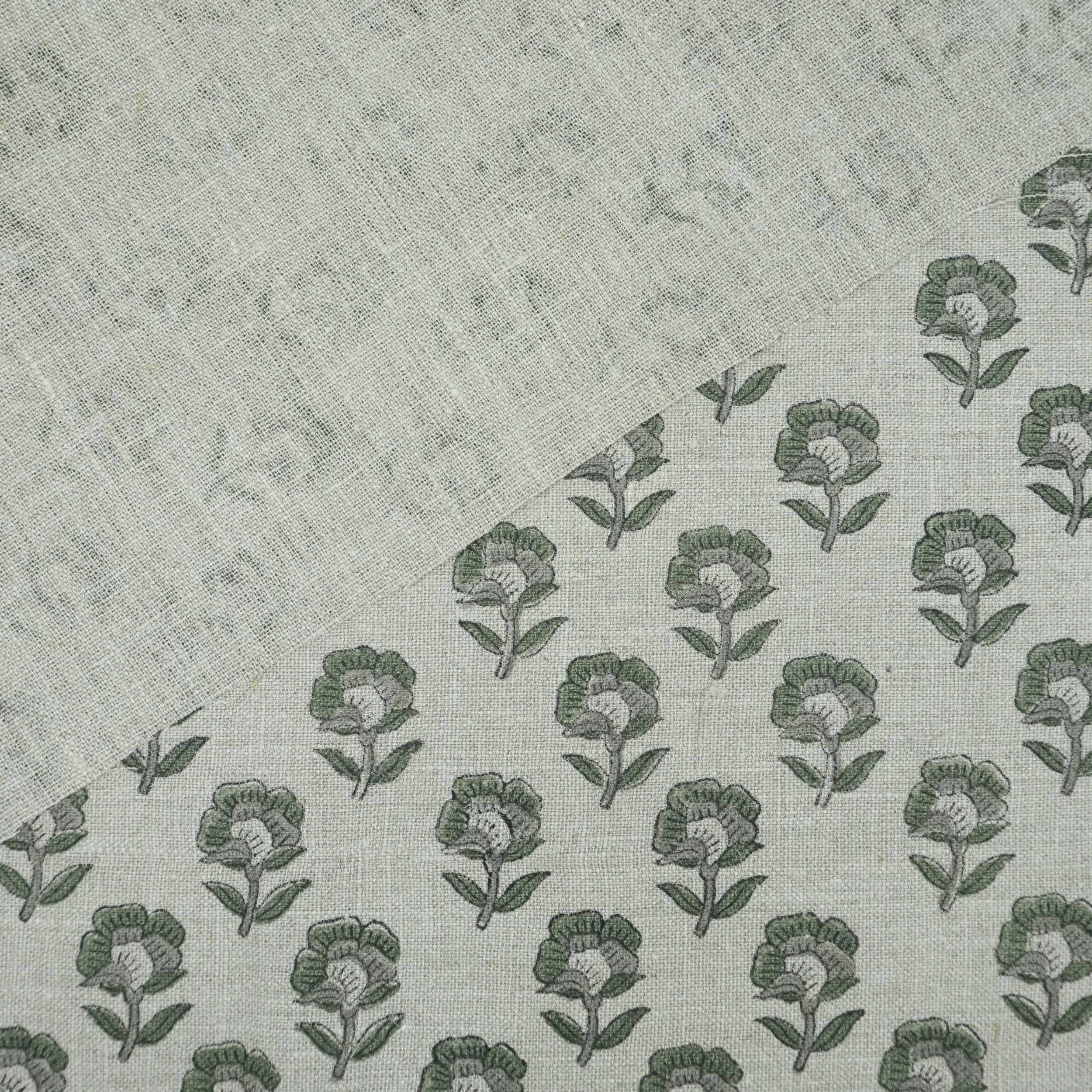 Handcrafted Thick Linen Curtain Fabric | Green & Gray Floral Textile