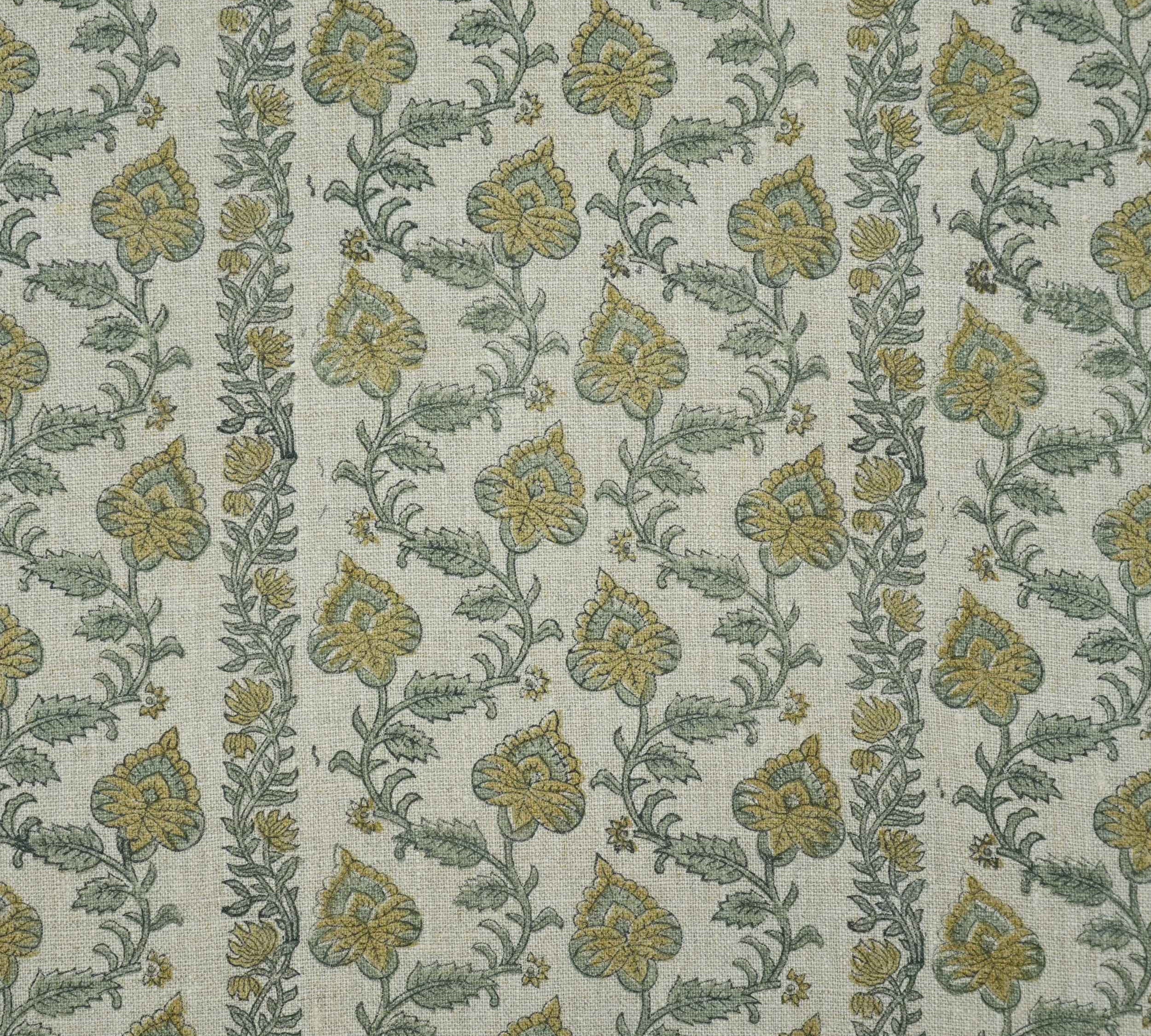 Hand Printed Grey Floral Pure Linen Curtain Fabric | Madhubala