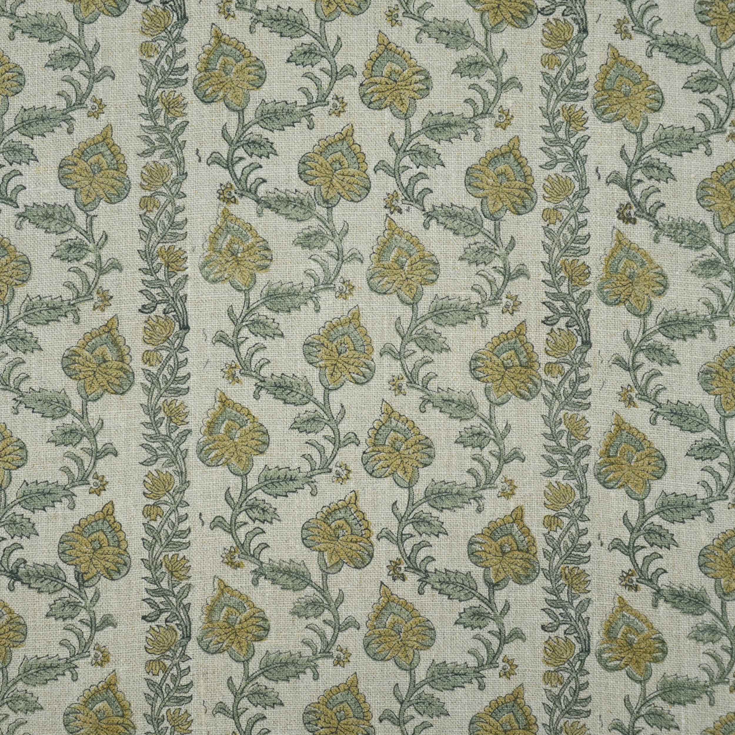 Hand Printed Grey Floral Pure Linen Curtain Fabric | Madhubala