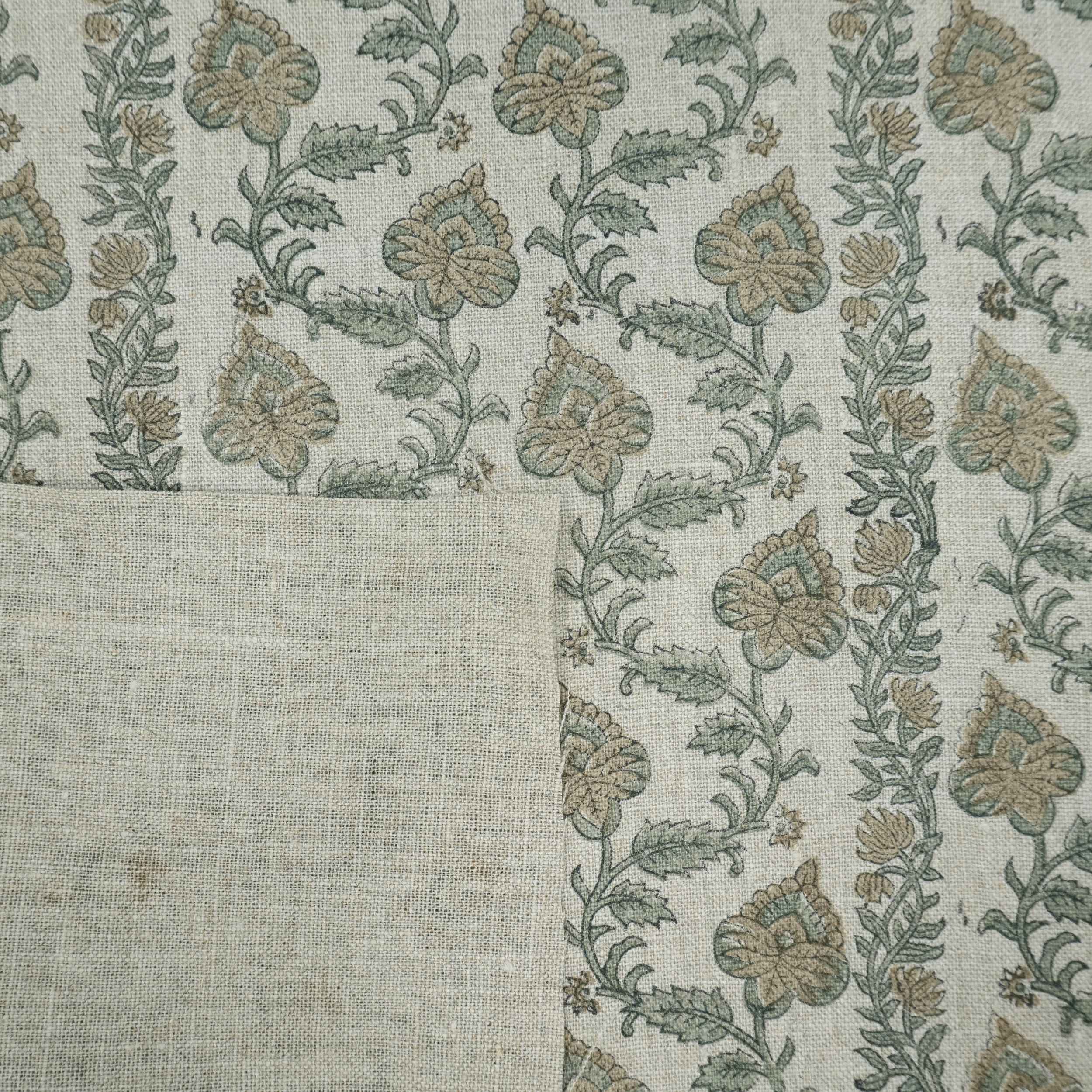 Hand Printed Grey Floral Pure Linen Curtain Fabric | Madhubala