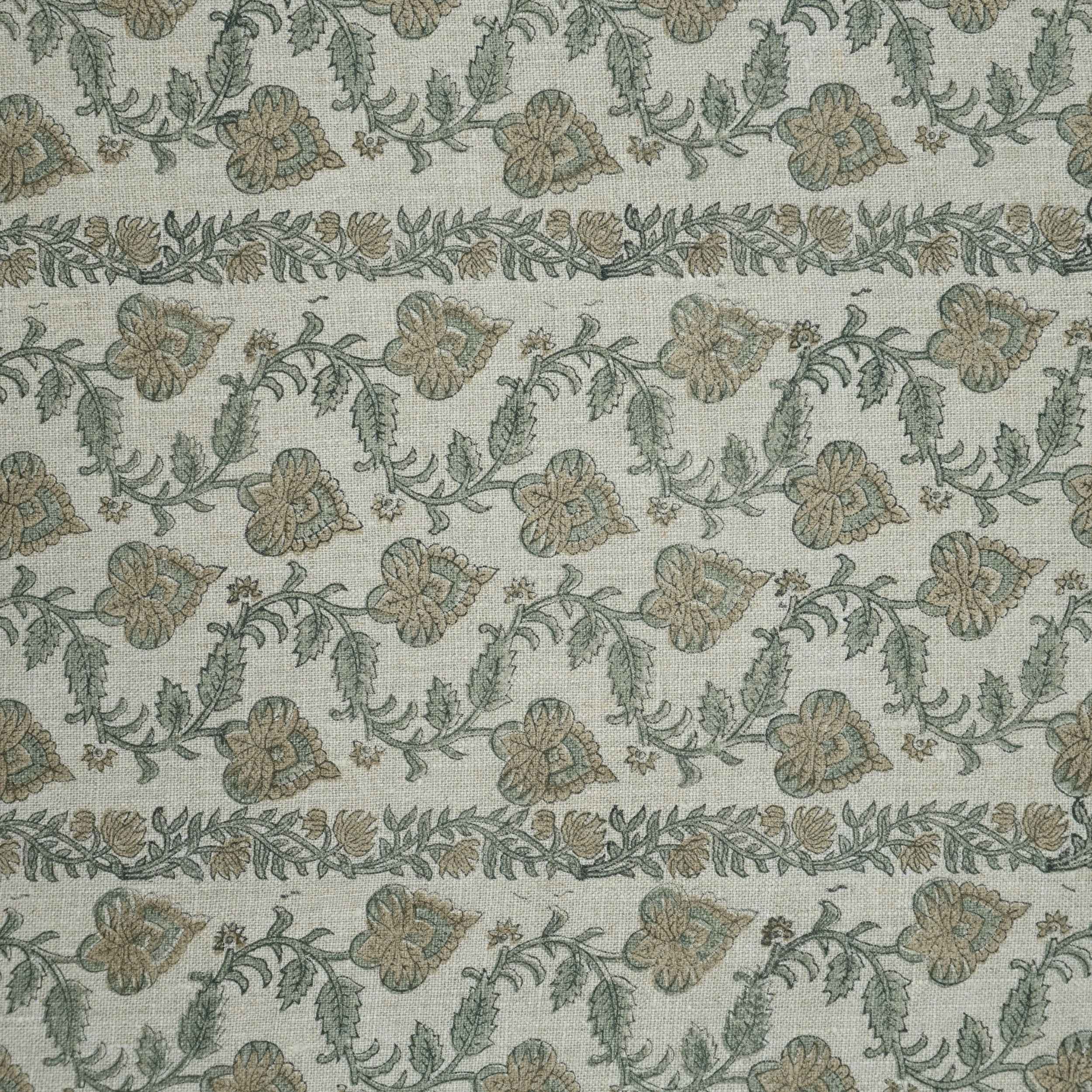 Hand Printed Grey Floral Pure Linen Curtain Fabric | Madhubala