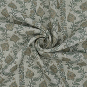 Hand Printed Grey Floral Pure Linen Curtain Fabric | Madhubala