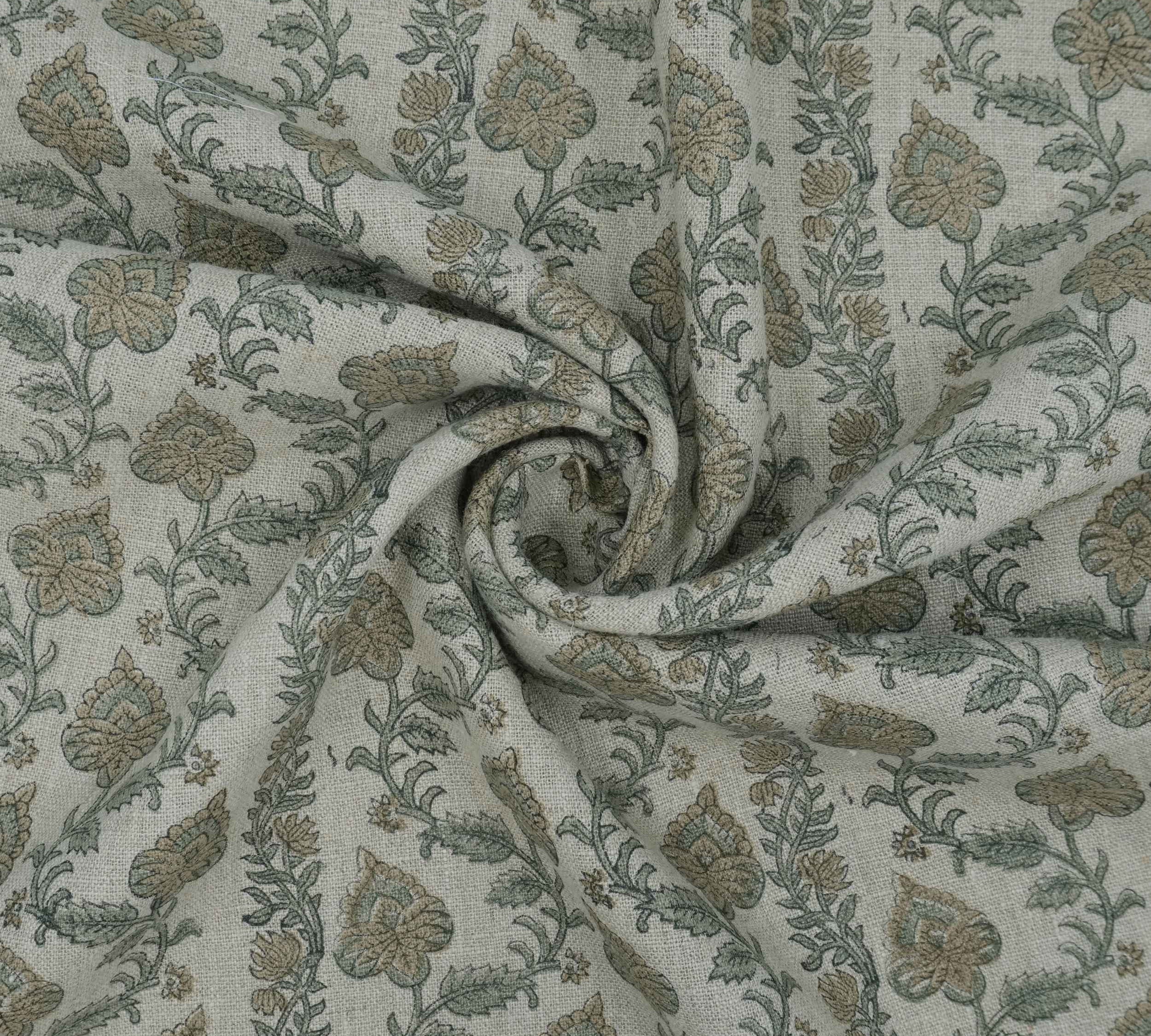 Hand Printed Grey Floral Pure Linen Curtain Fabric | Madhubala