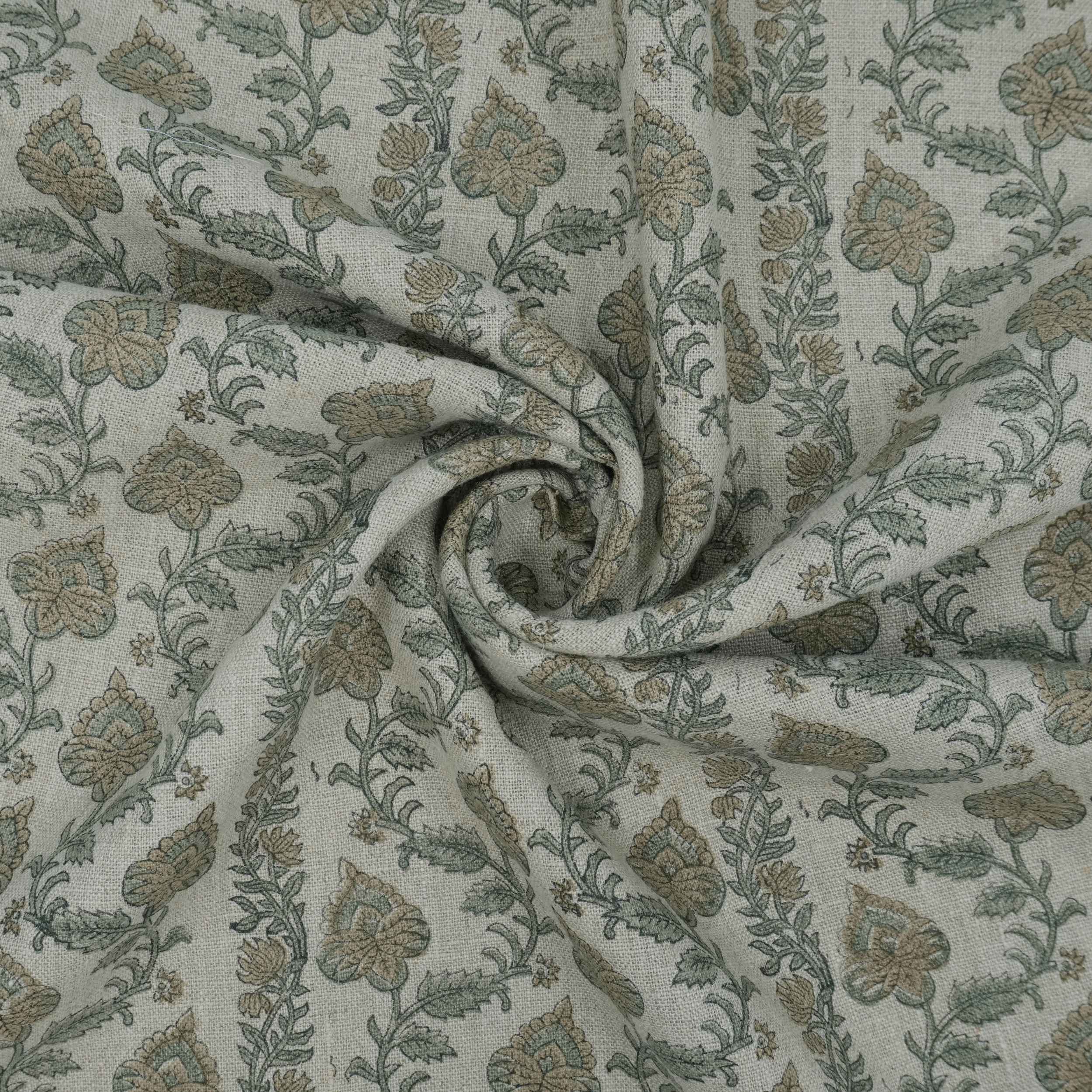 Hand Printed Grey Floral Pure Linen Curtain Fabric | Madhubala