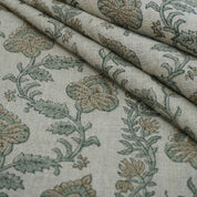 Hand Printed Grey Floral Pure Linen Curtain Fabric | Madhubala